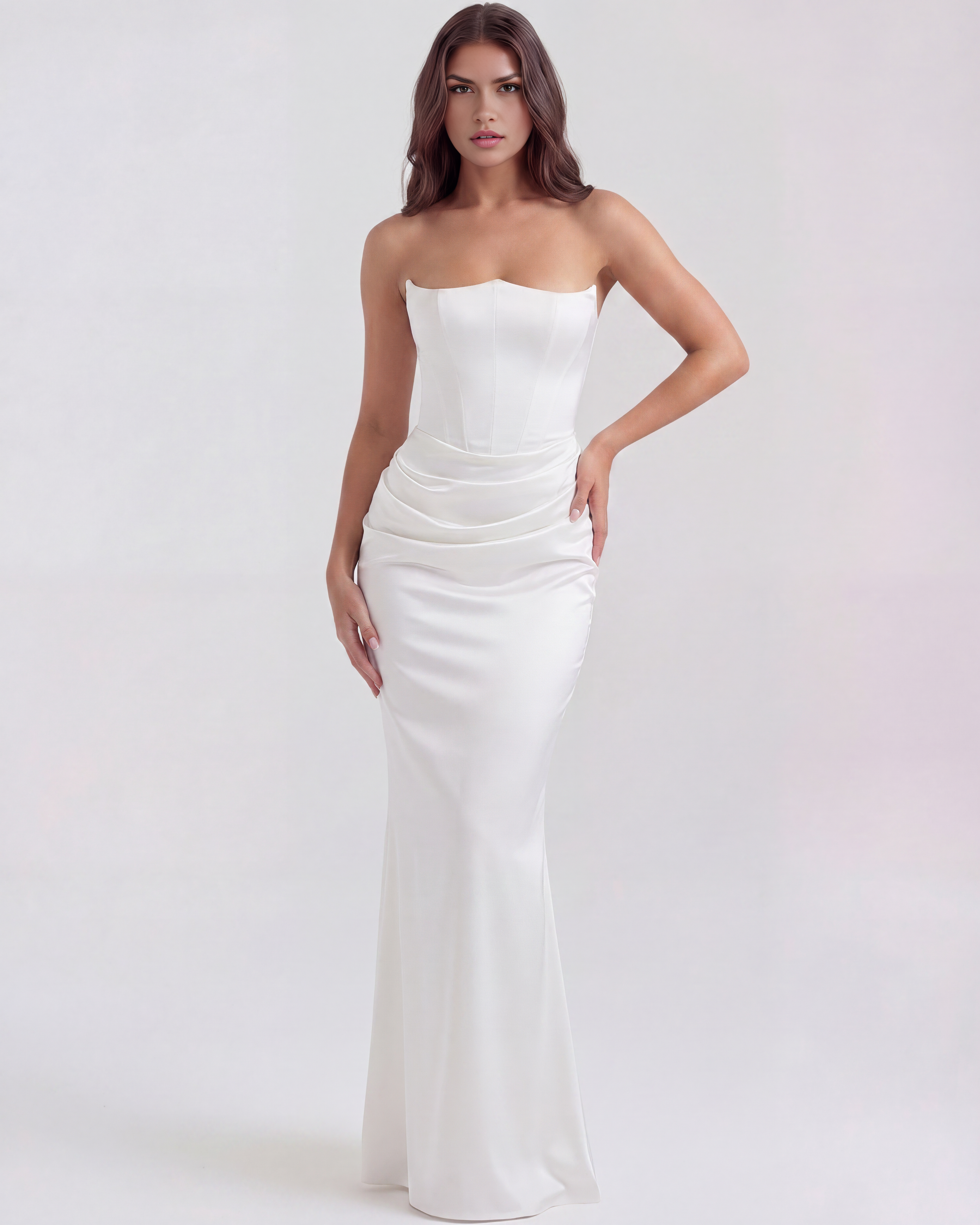 Abito midi Rosalind bianco corsetto Bella di Roma – zip retro