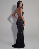 Abito maxi Lumina nero strass Bella di Roma – gradiente scintillante