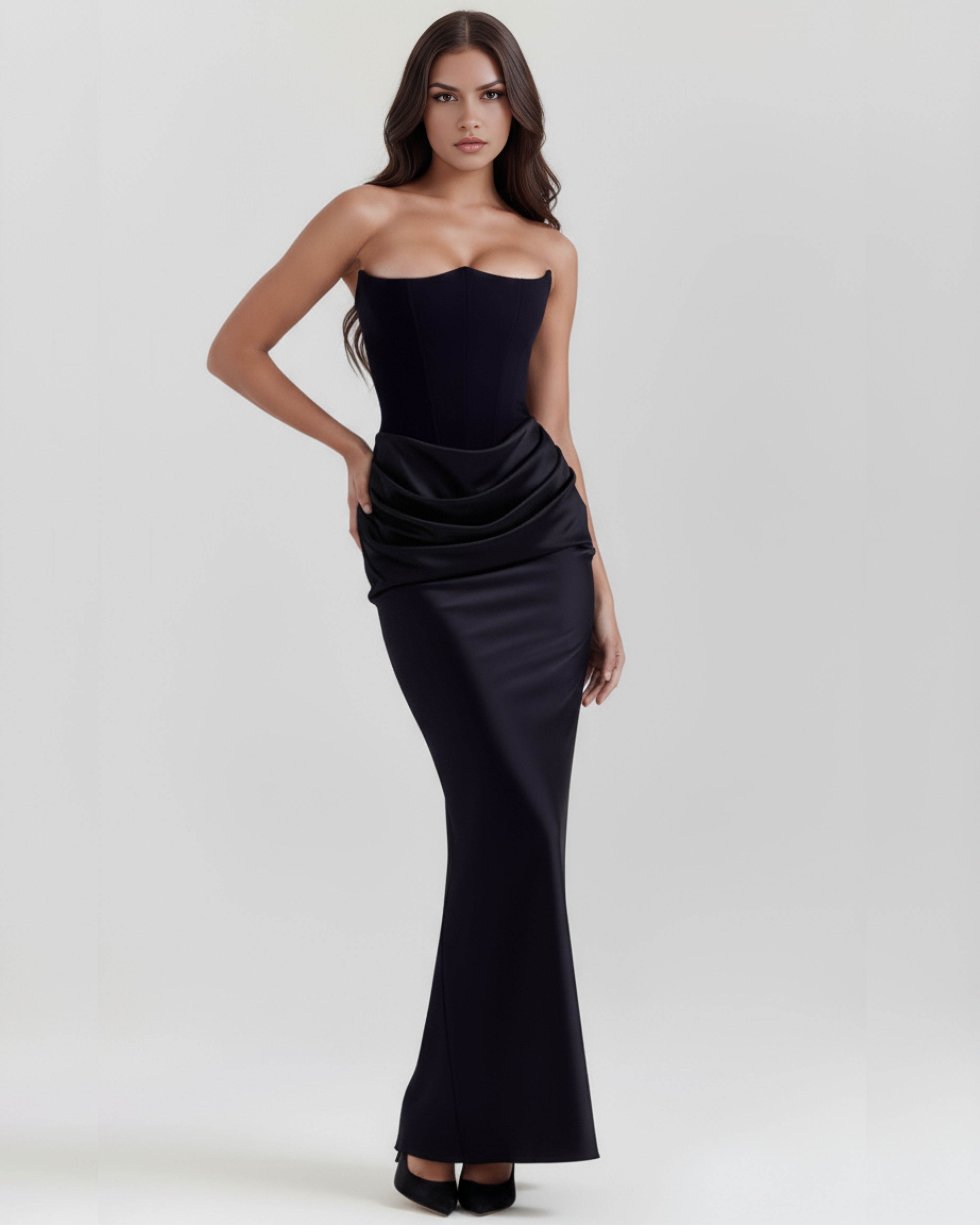 Abito midi Rosalind nero corsetto Bella di Roma – modellatura raffinata