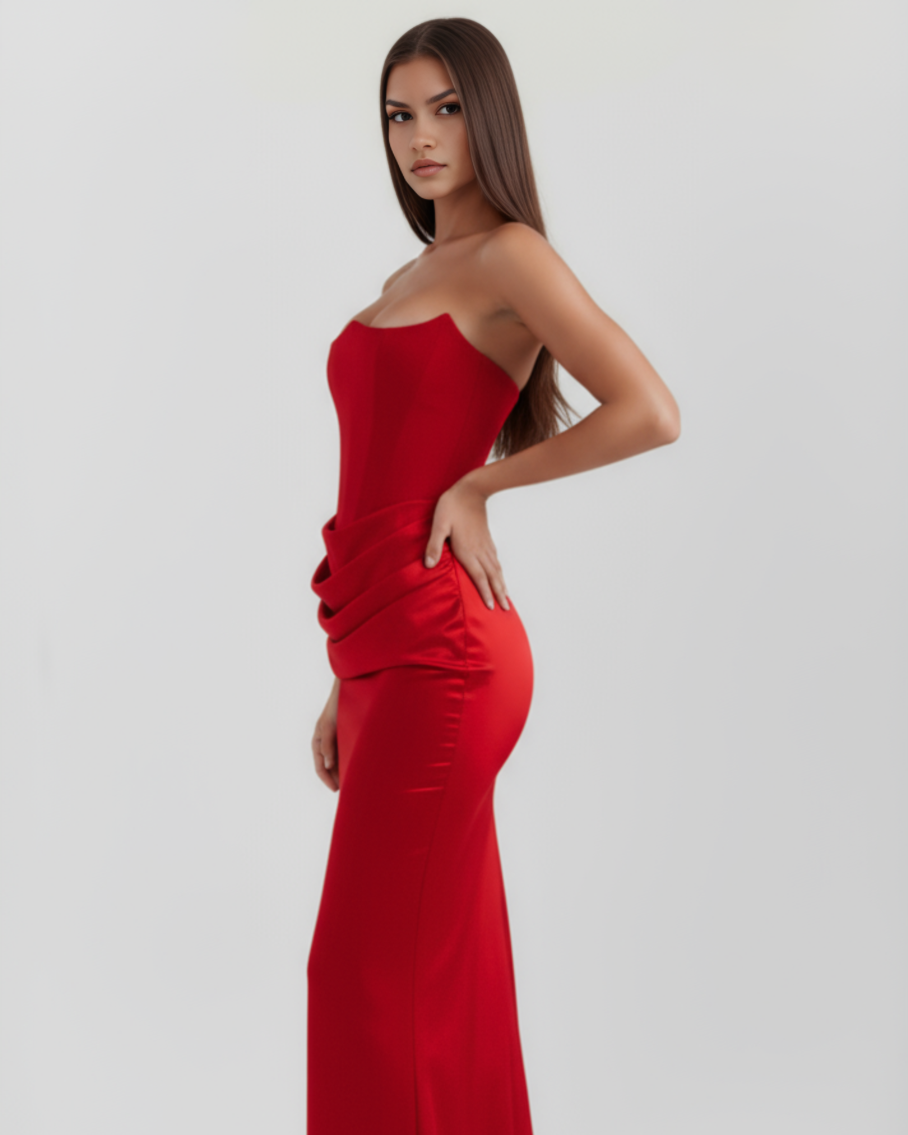 Abito maxi Rosalind corsetto rosso Bella di Roma – vita valorizzata