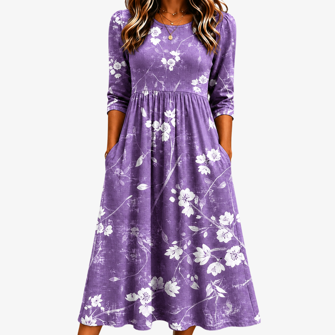 Abito midi lavanda a fiori con tasche laterali e vestibilità comoda