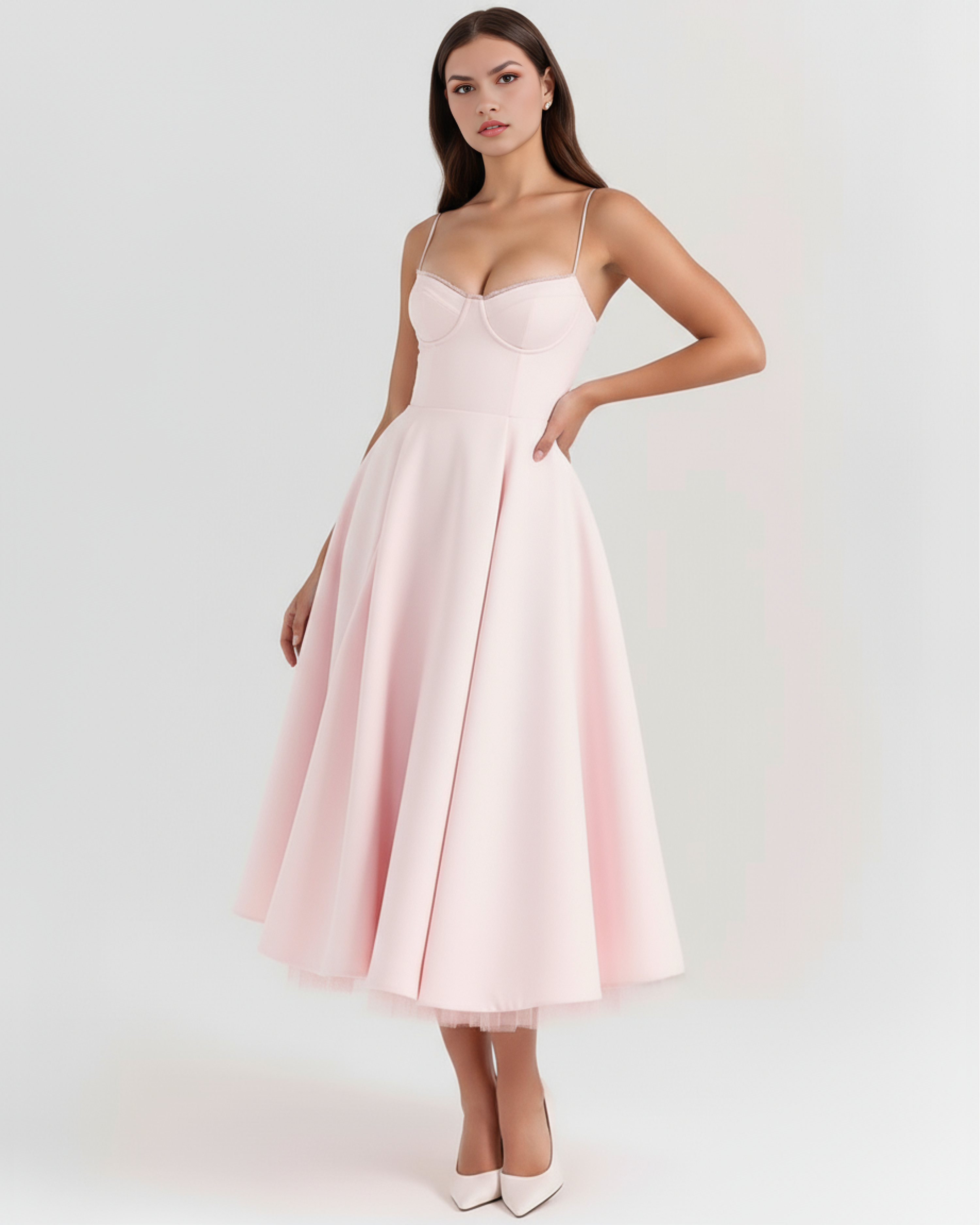 Abito midi Selene rosa blush satin tulle Bella di Roma – silhouette romantica