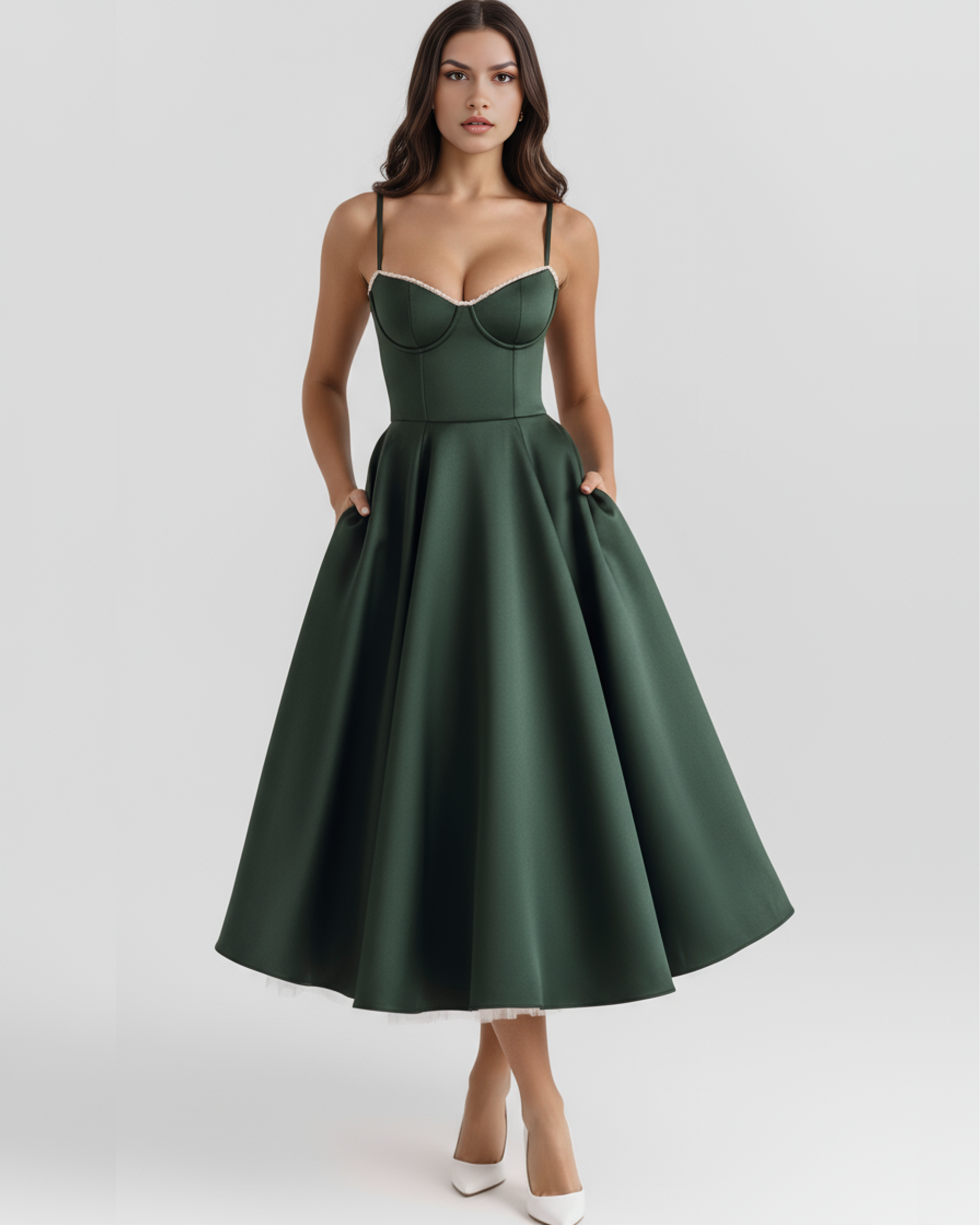 Abito midi Selene verde foresta satin tulle Bella di Roma – scollo cuore