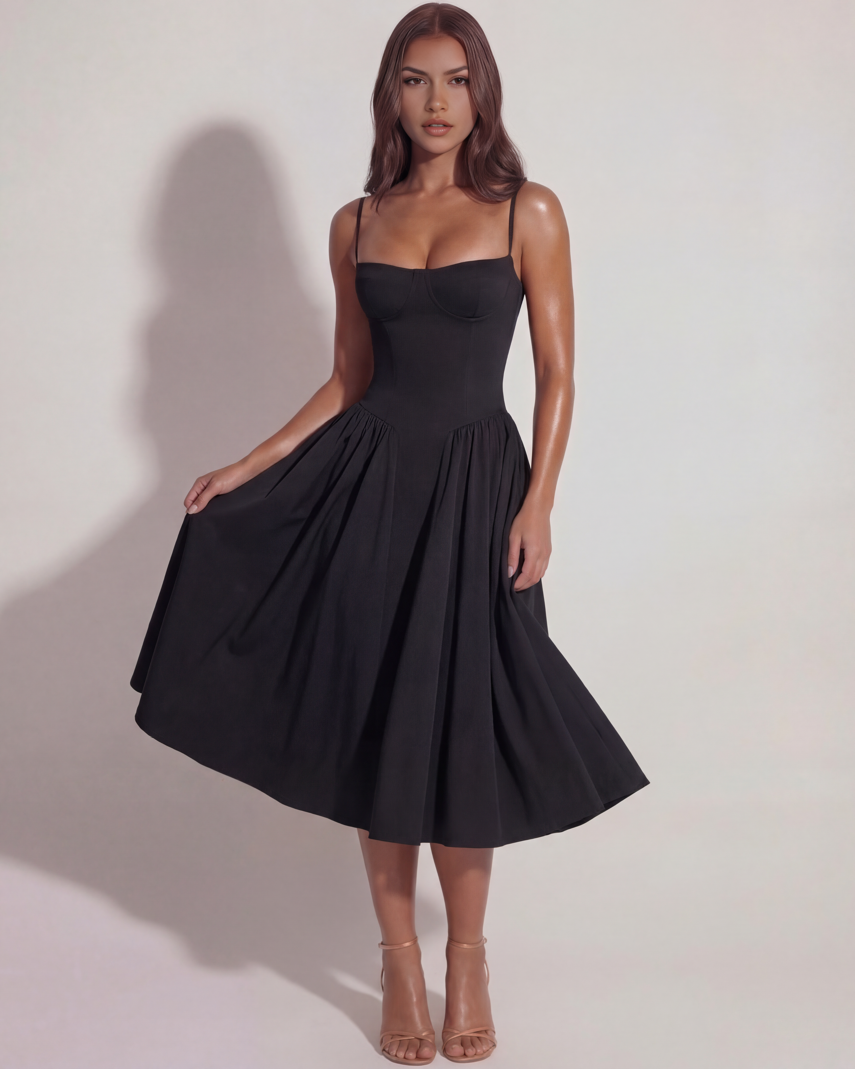 Abito midi Francesca twill nero Bella di Roma – corpetto rinforzato