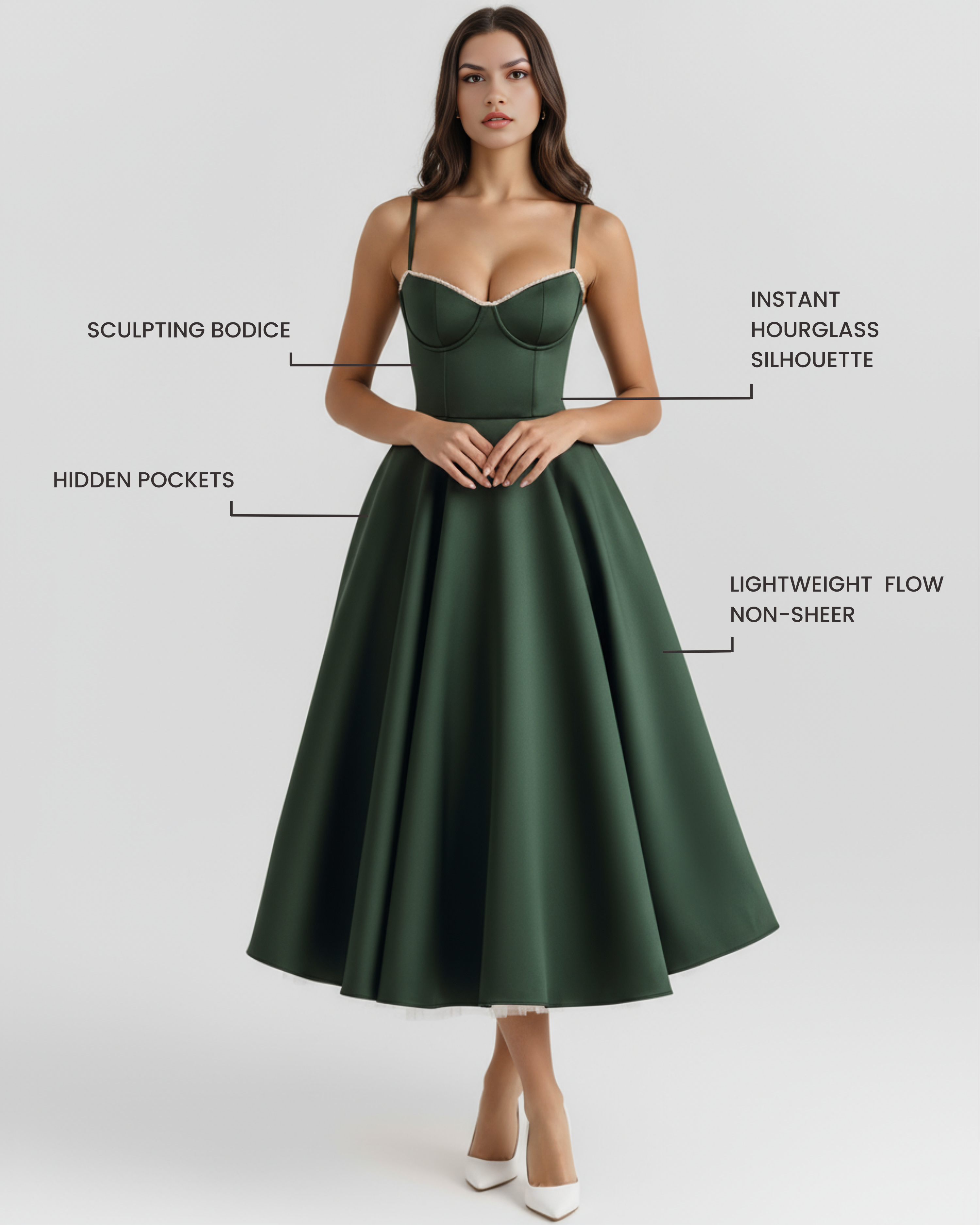 Abito midi Selene verde foresta satin tulle Bella di Roma – gonna tulle verde