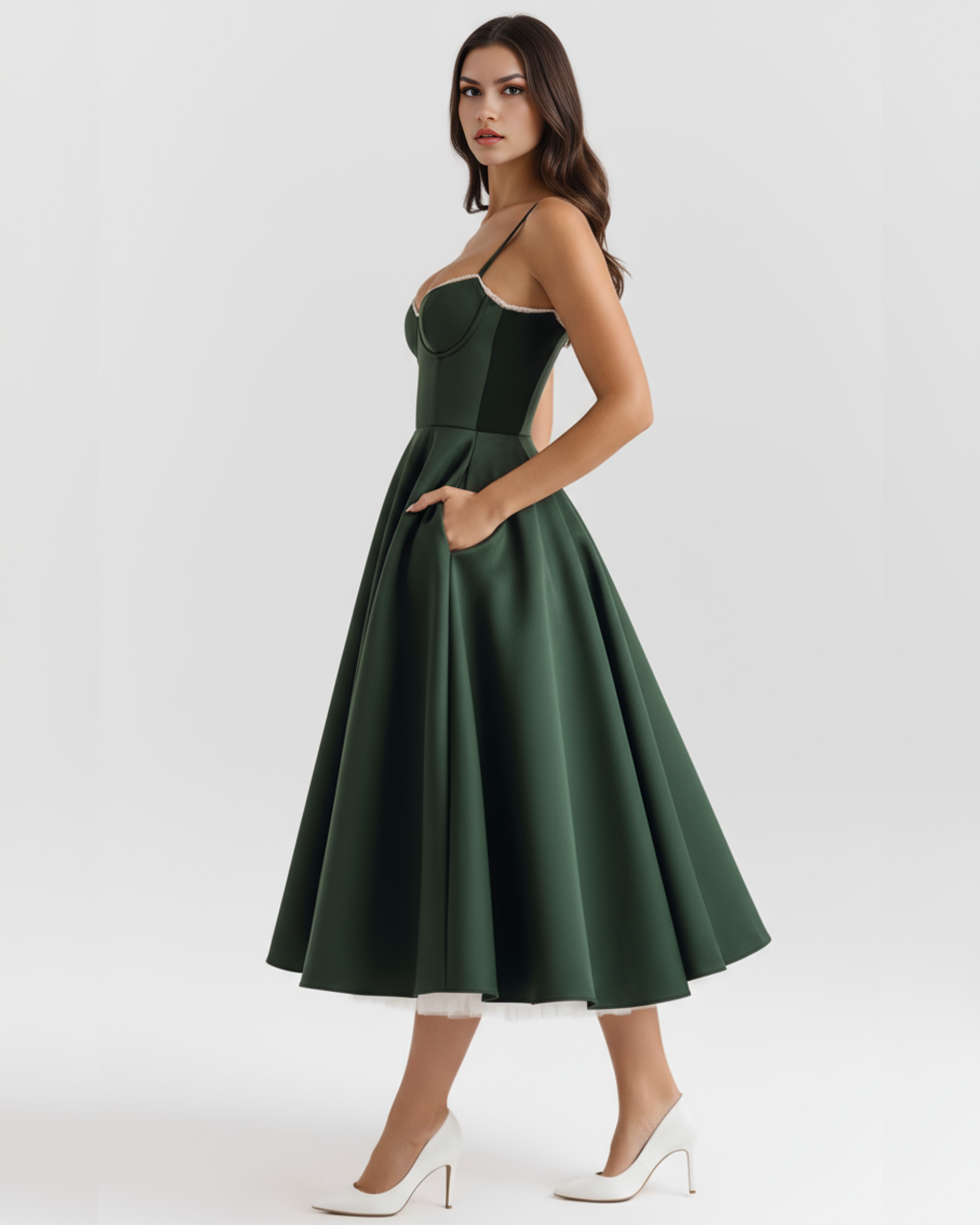 Abito midi Selene verde foresta satin tulle Bella di Roma – silhouette romantica
