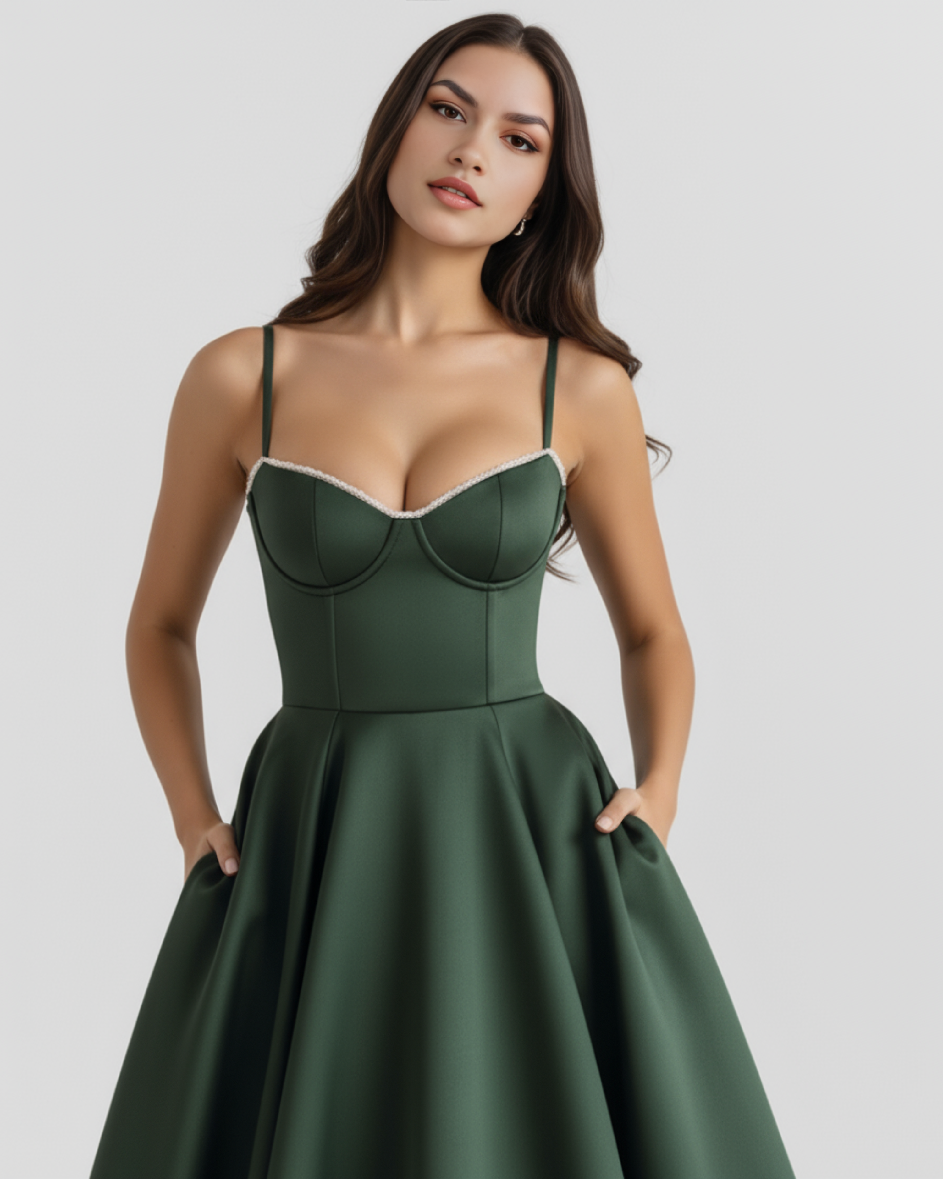 Abito midi Selene verde foresta satin tulle Bella di Roma – taglie XS-XL