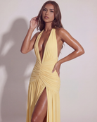 Abito maxi Alba giallo burro Bella di Roma – décolleté profondo collare