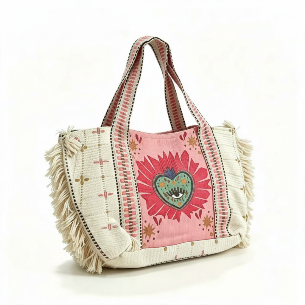 Borsa tote in tela naturale con medaglione ricamato rosso e manici intrecciati