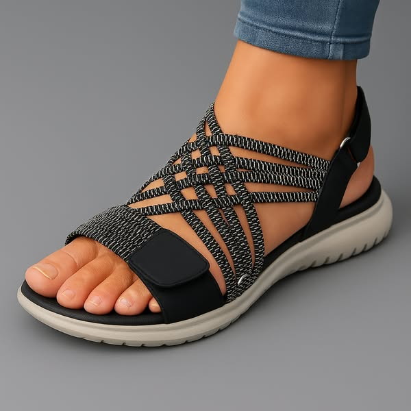 Sandali comfort da donna in nero con fasce elastiche intrecciate e plantare imbottito