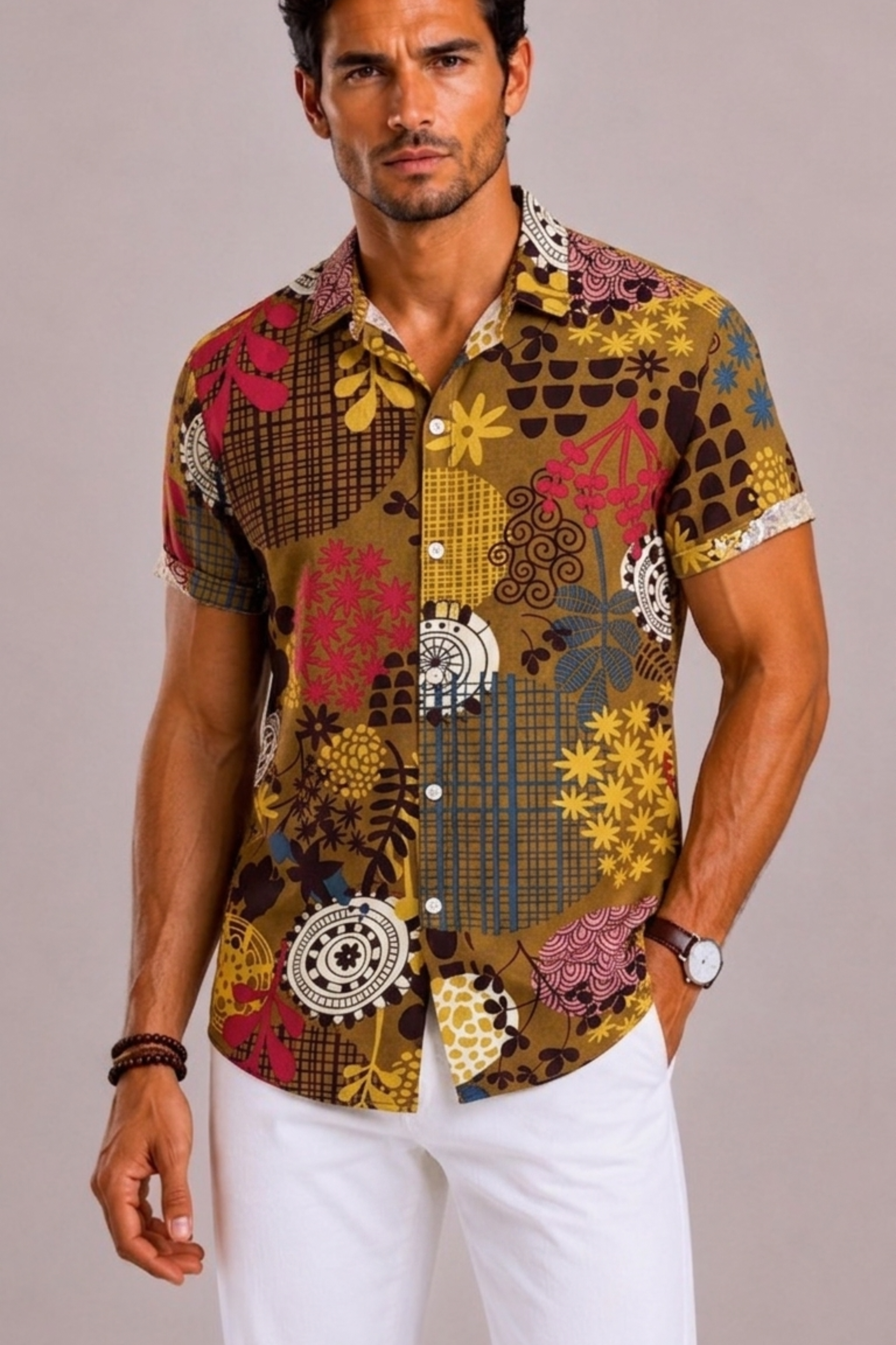 Camicia Uomo con Stampa Floreale Tropicale a Maniche Corte | Bella di Roma