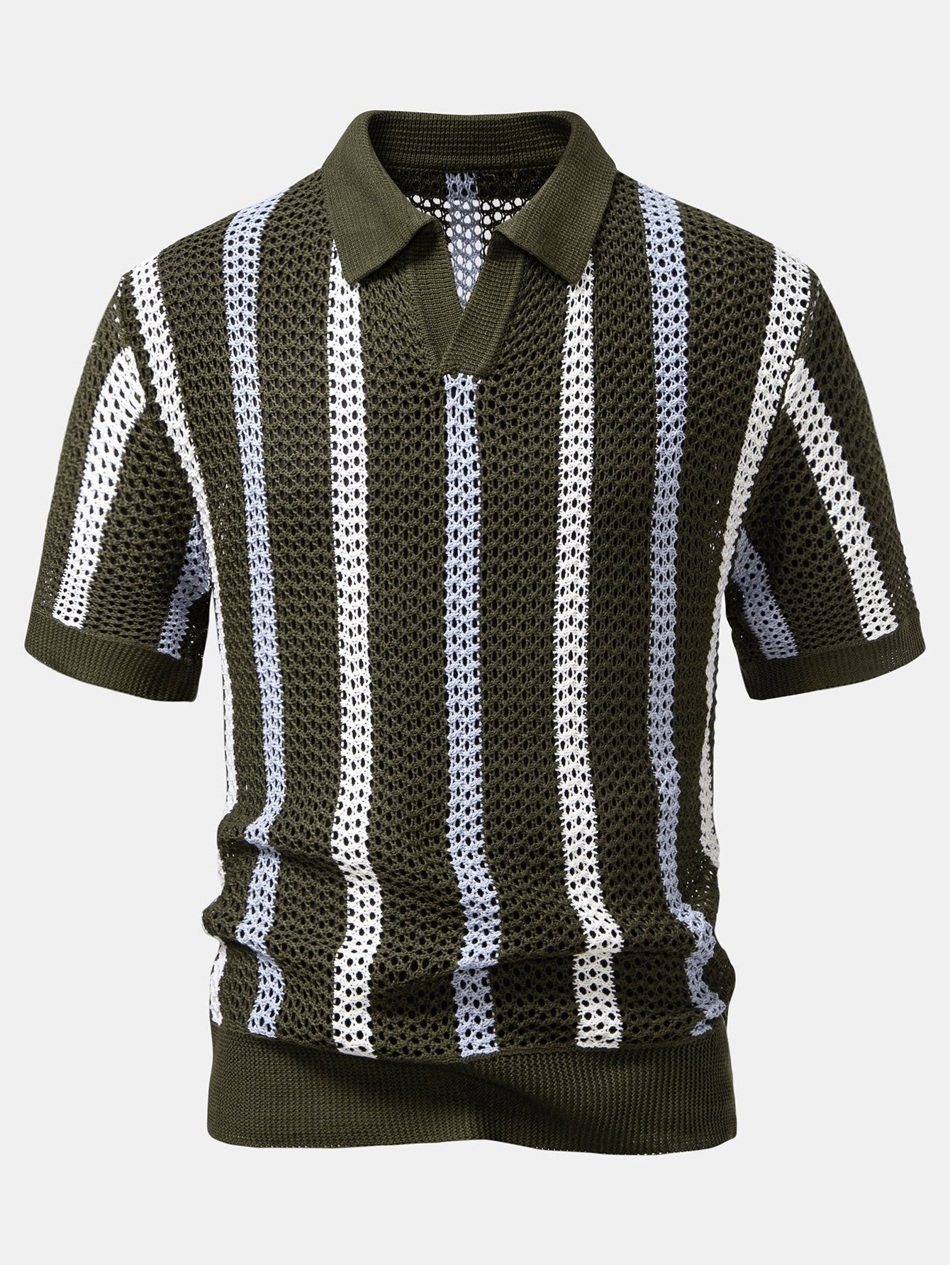 Polo da uomo all'uncinetto a righe con scollo a V