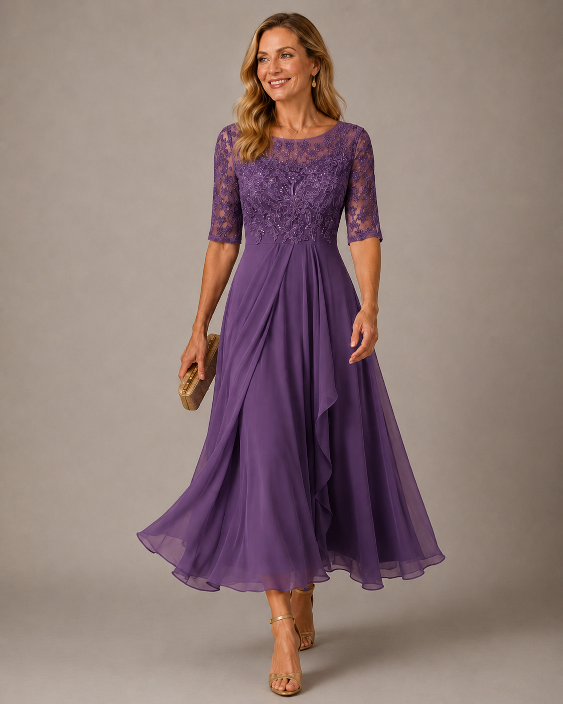 Abito midi viola in pizzo e chiffon con maniche a tre quarti