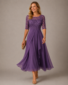 Abito midi viola in pizzo e chiffon con maniche a tre quarti