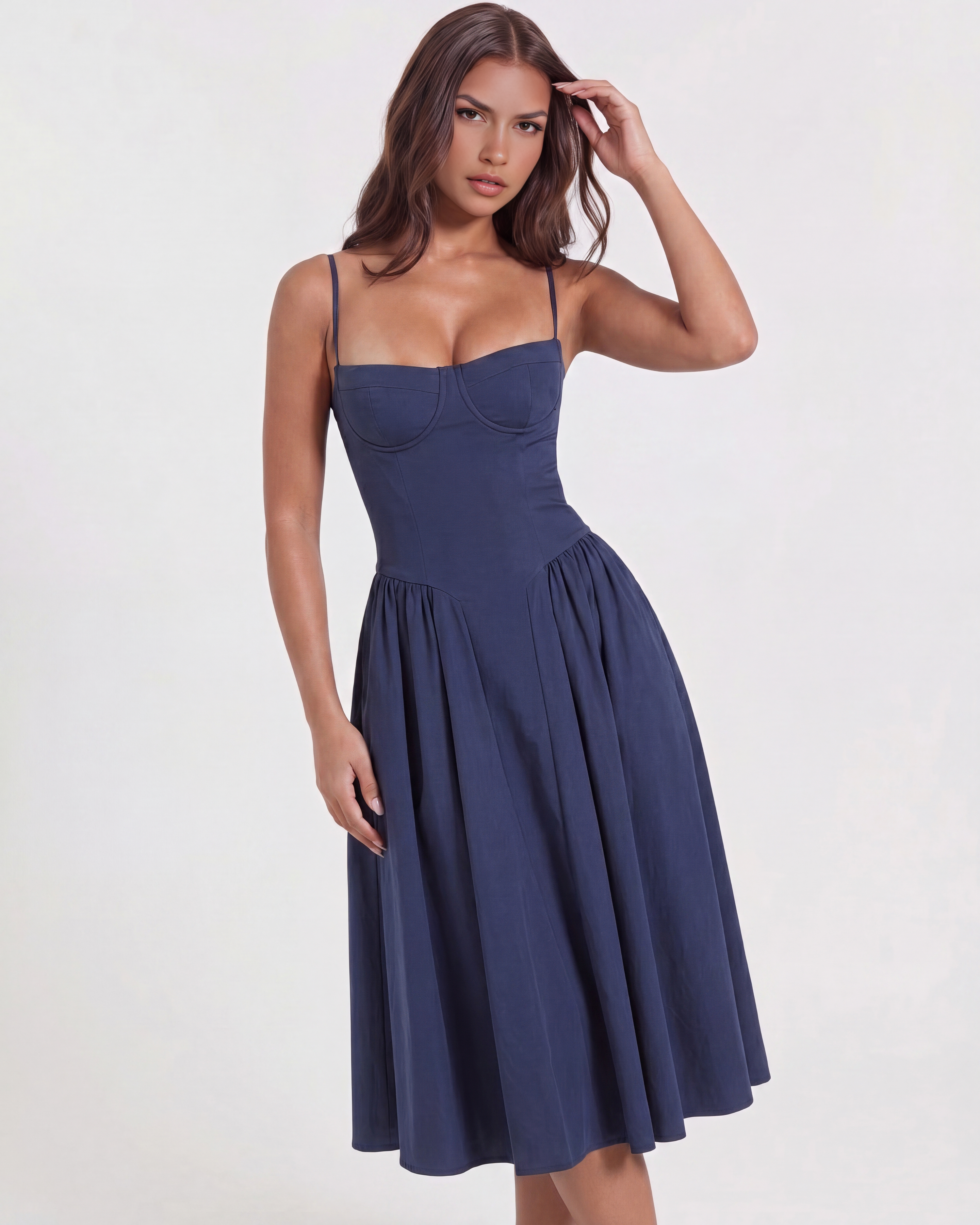 Abito midi Francesca twill blu navy Bella di Roma – spalline regolabili