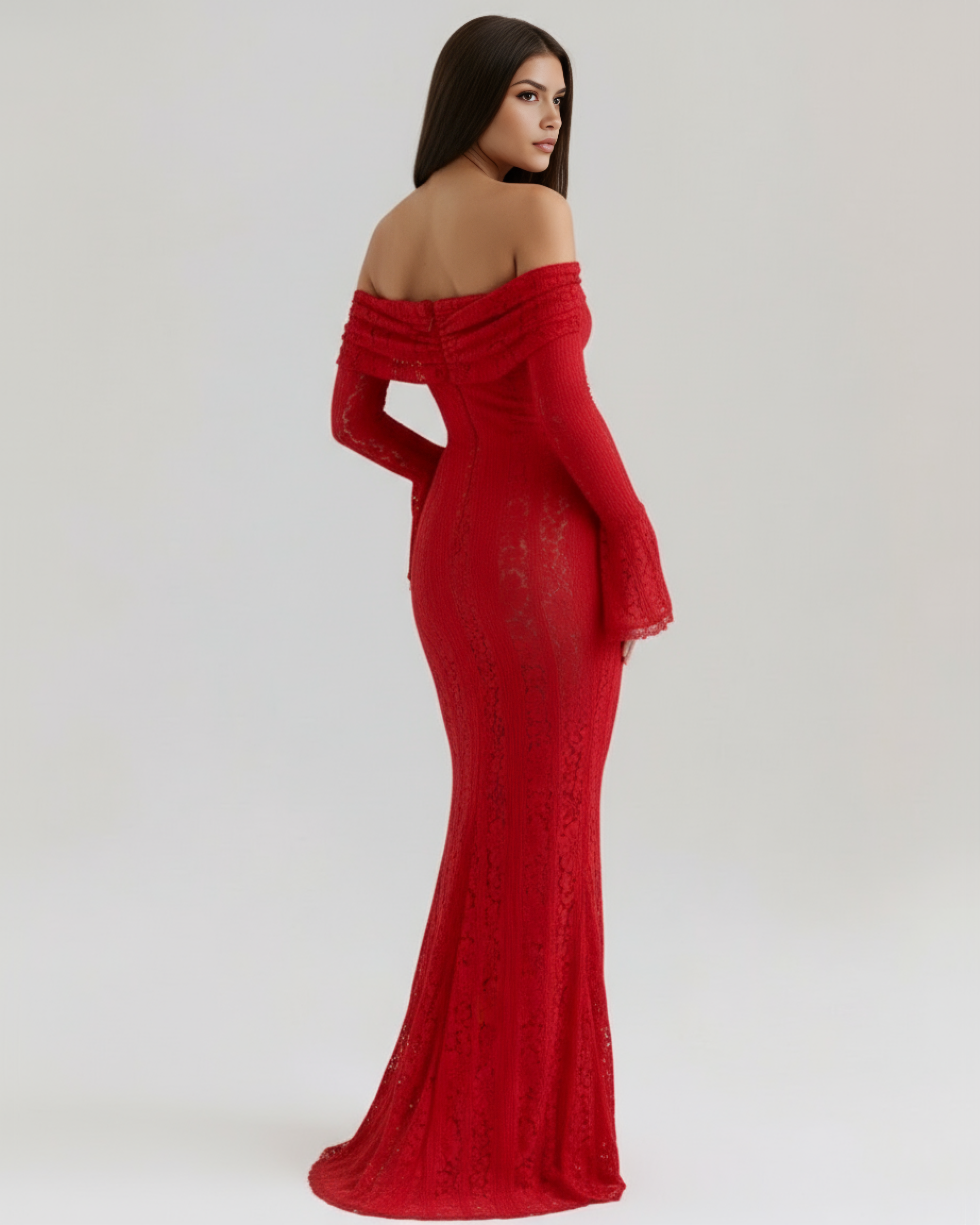 Abito maxi Alessandra pizzo floreale rosso Bella di Roma – polsini a campana