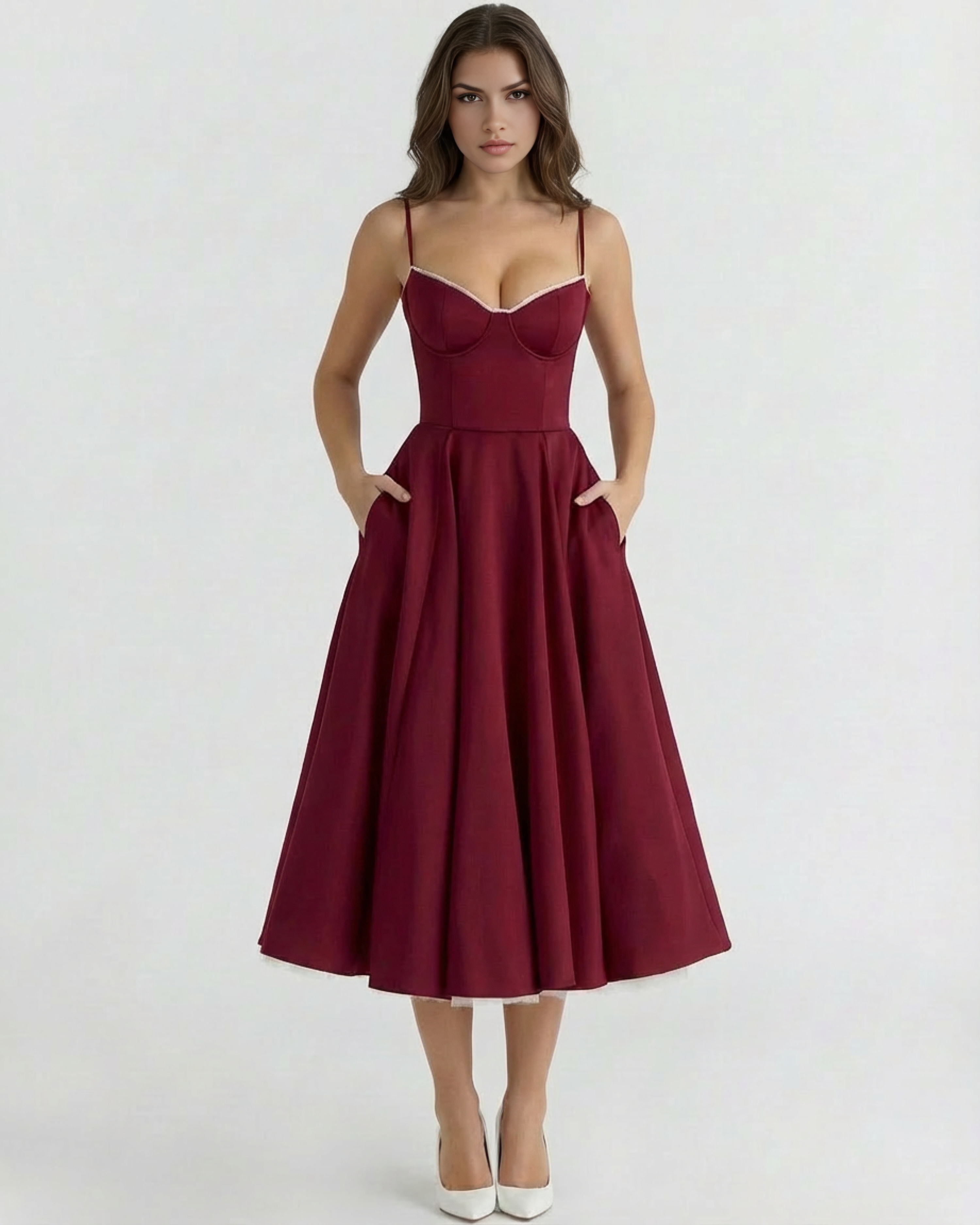 Abito midi Selene borgogna satin tulle Bella di Roma – scollo cuore