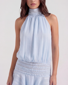 Abito mini Chiara chiffon blu baby Bella di Roma – drappeggio leggero