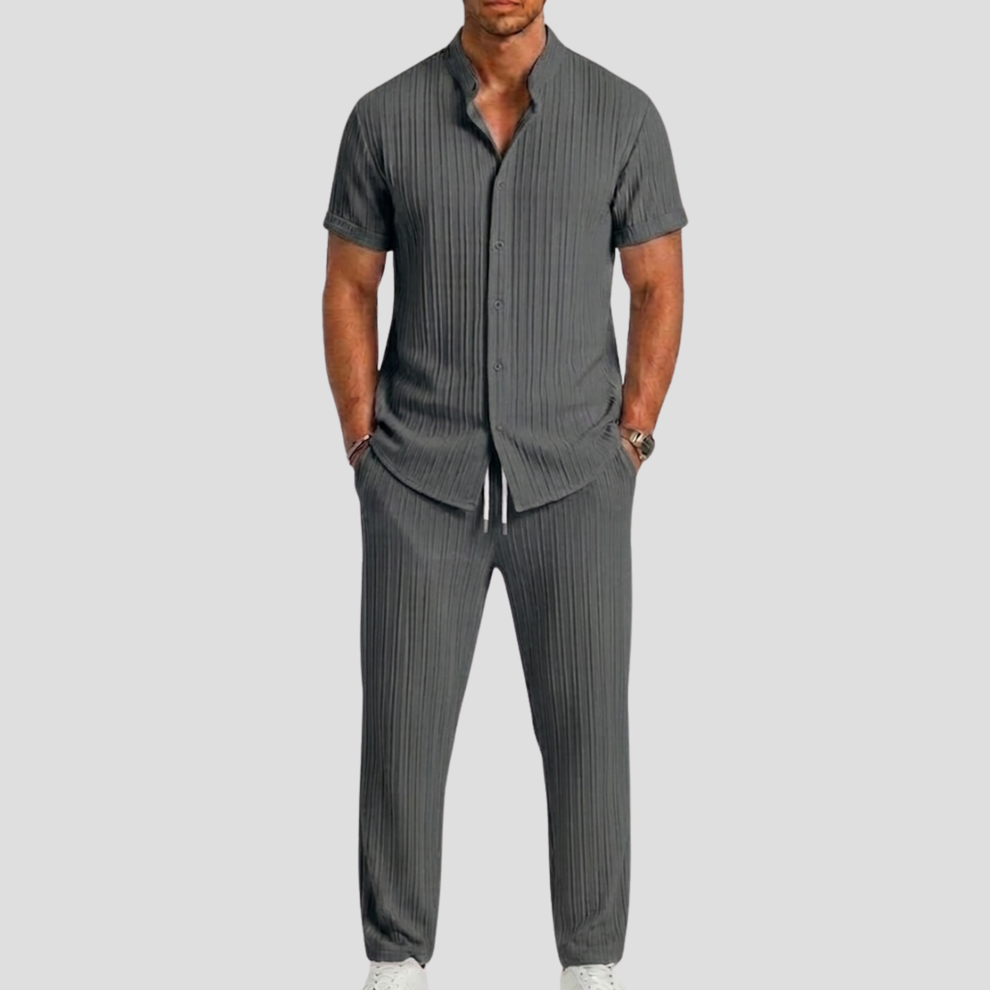 Set uomo con camicia a righe – dettaglio del colletto | Bella di Roma