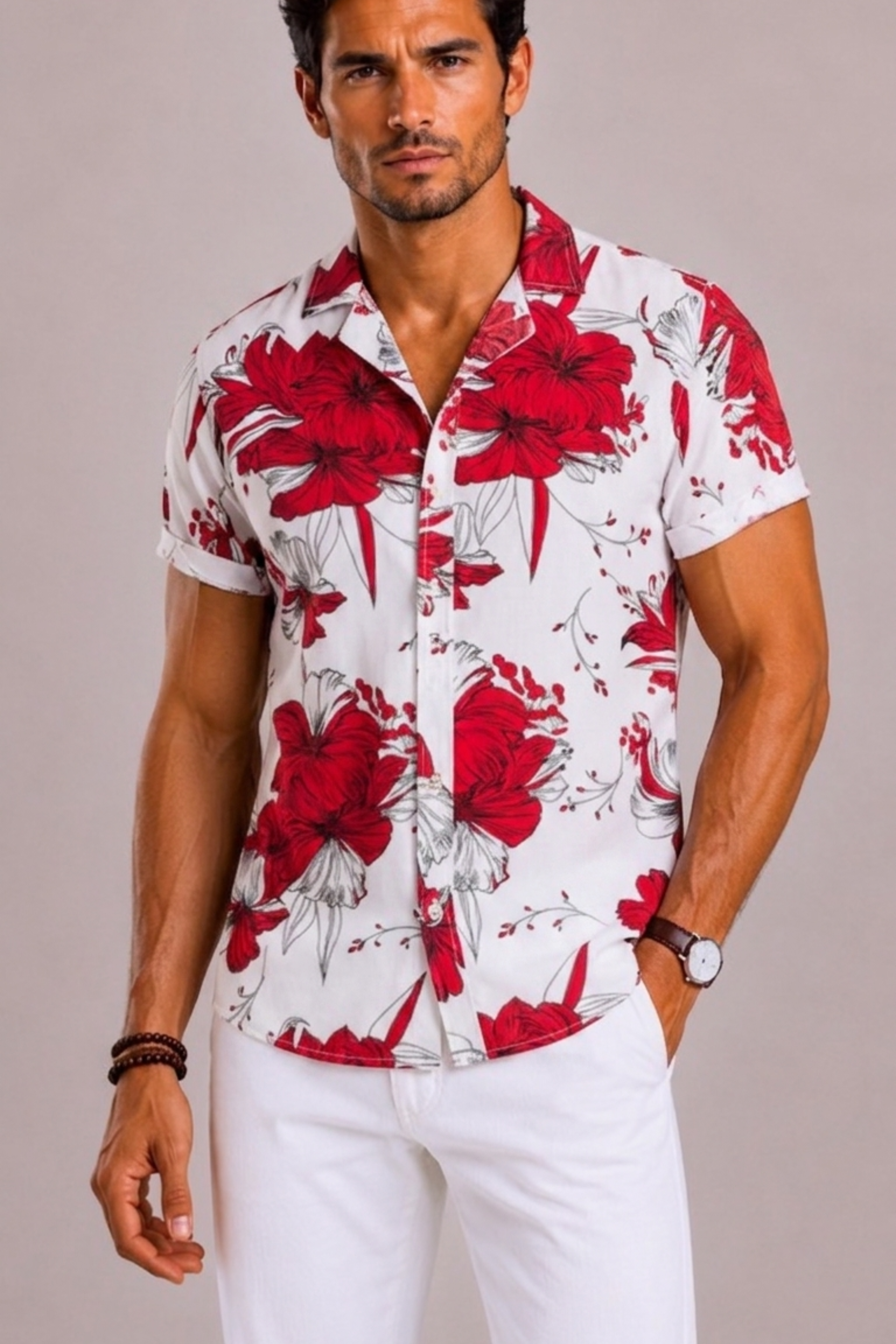 Camicia Uomo con Stampa Floreale Tropicale a Maniche Corte | Bella di Roma