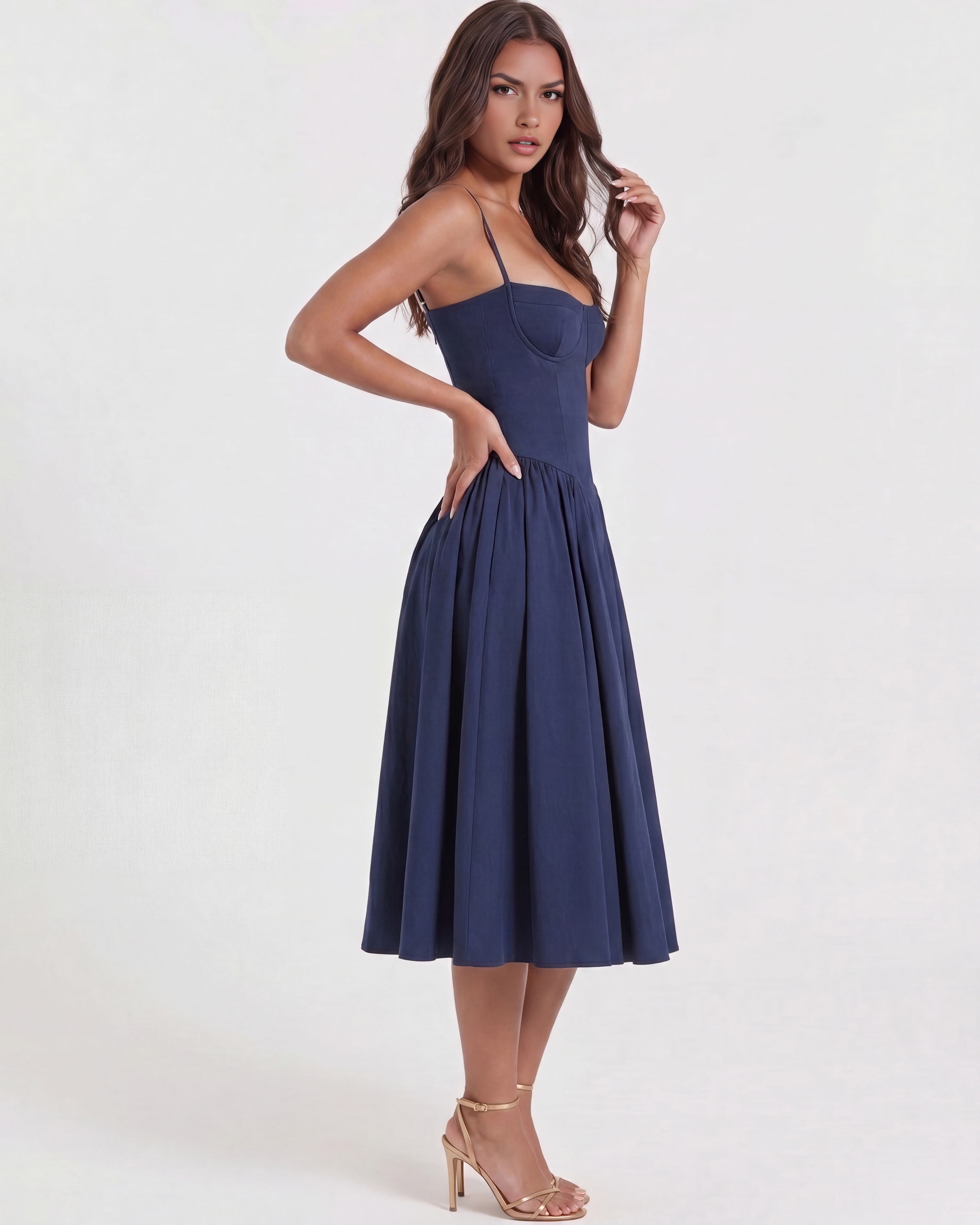 Abito midi Francesca twill blu navy Bella di Roma – gonna midi pieghe
