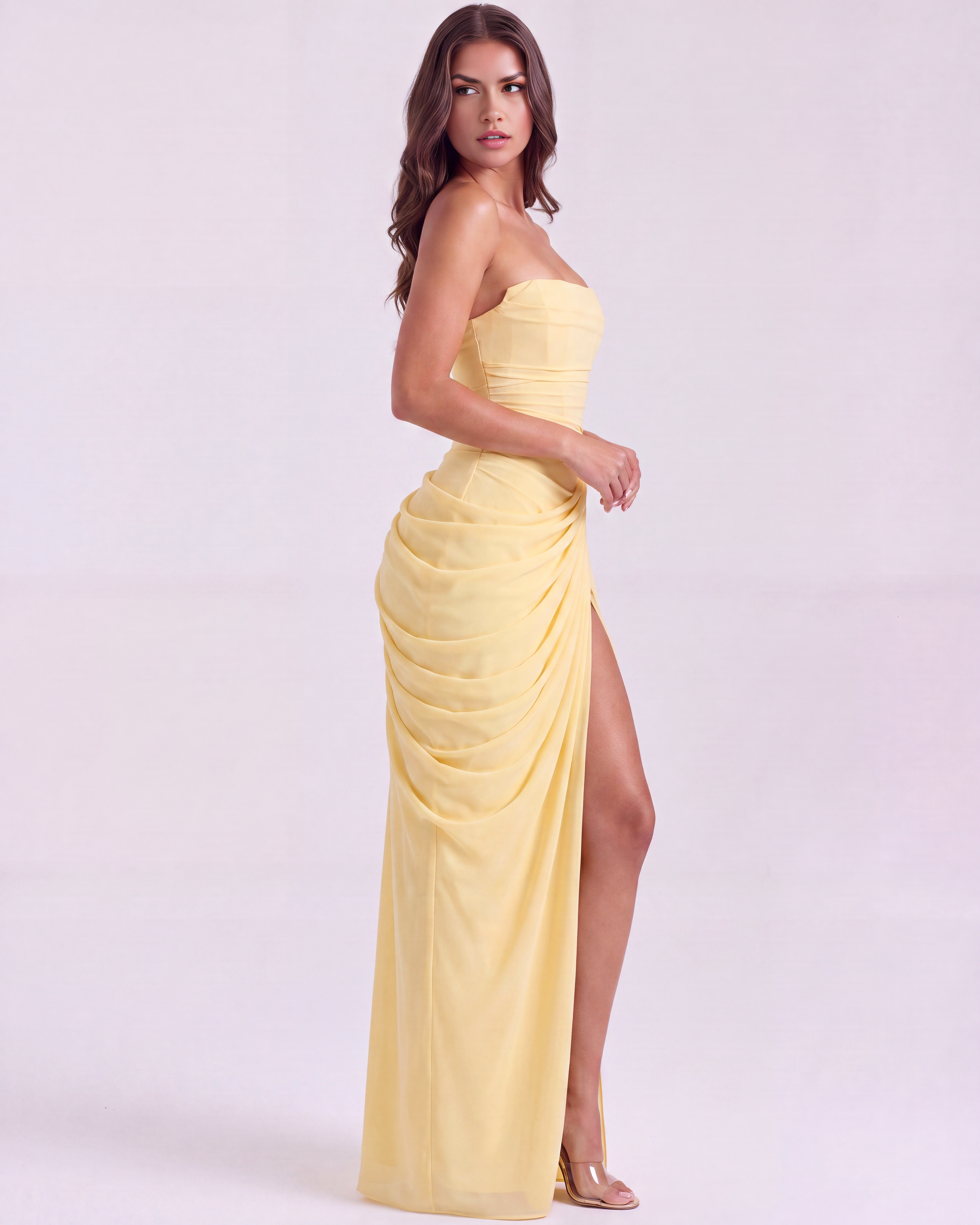 Abito maxi Charlotte corsetto chiffon giallo Bella di Roma – spaccatura alta coscia