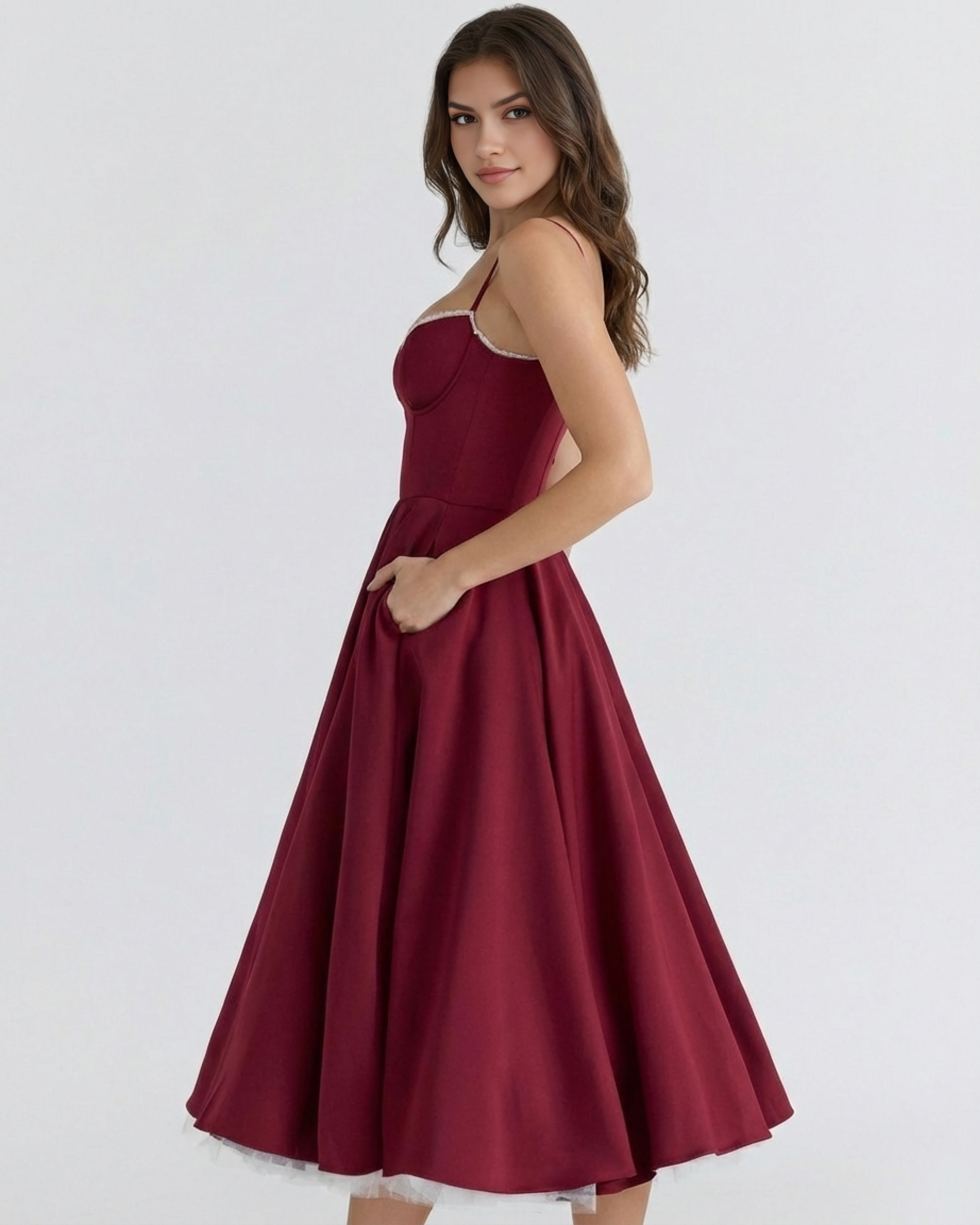 Abito midi Selene bordeaux Bella di Roma – silhouette da favola