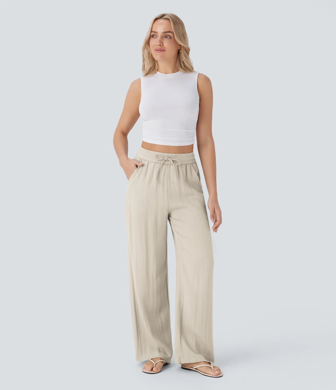 Pantaloni Baggy Casual in Lino Bella di Roma – beige vista frontale