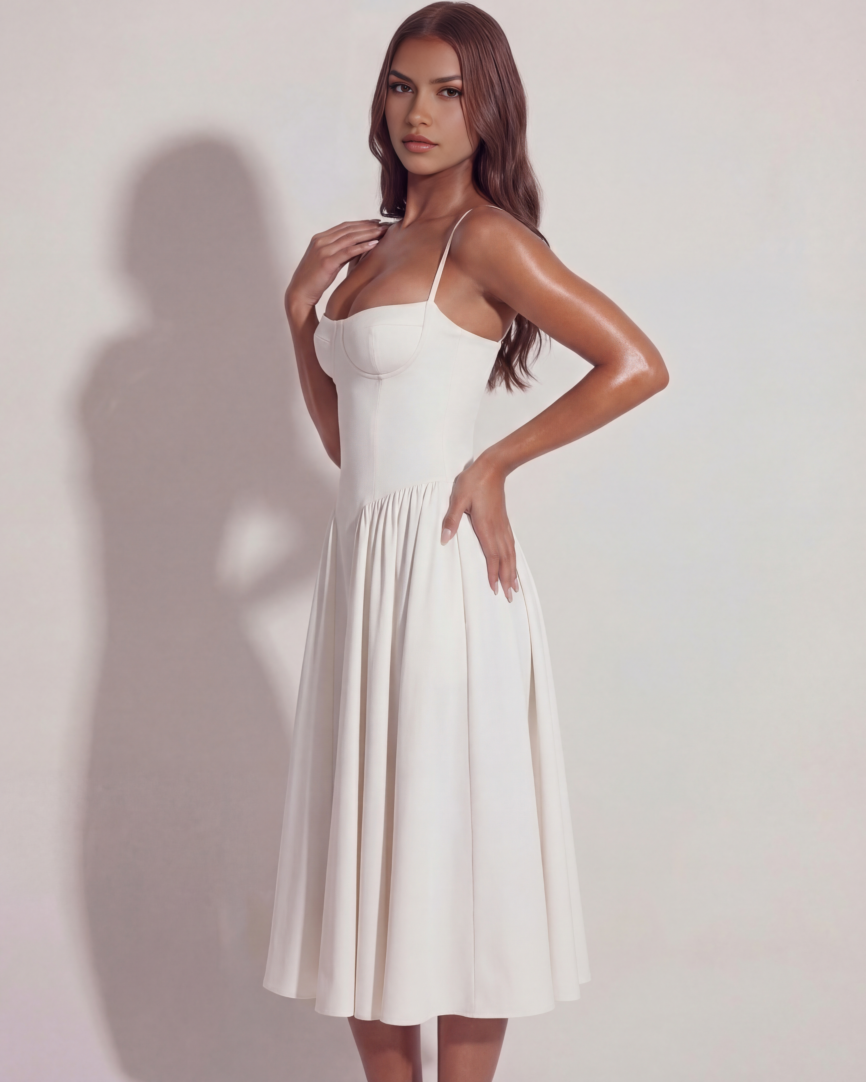 Abito midi Francesca twill bianco Bella di Roma – fodera completa