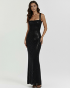 Abito maxi Isabella nero strass Bella di Roma – scollo halter
