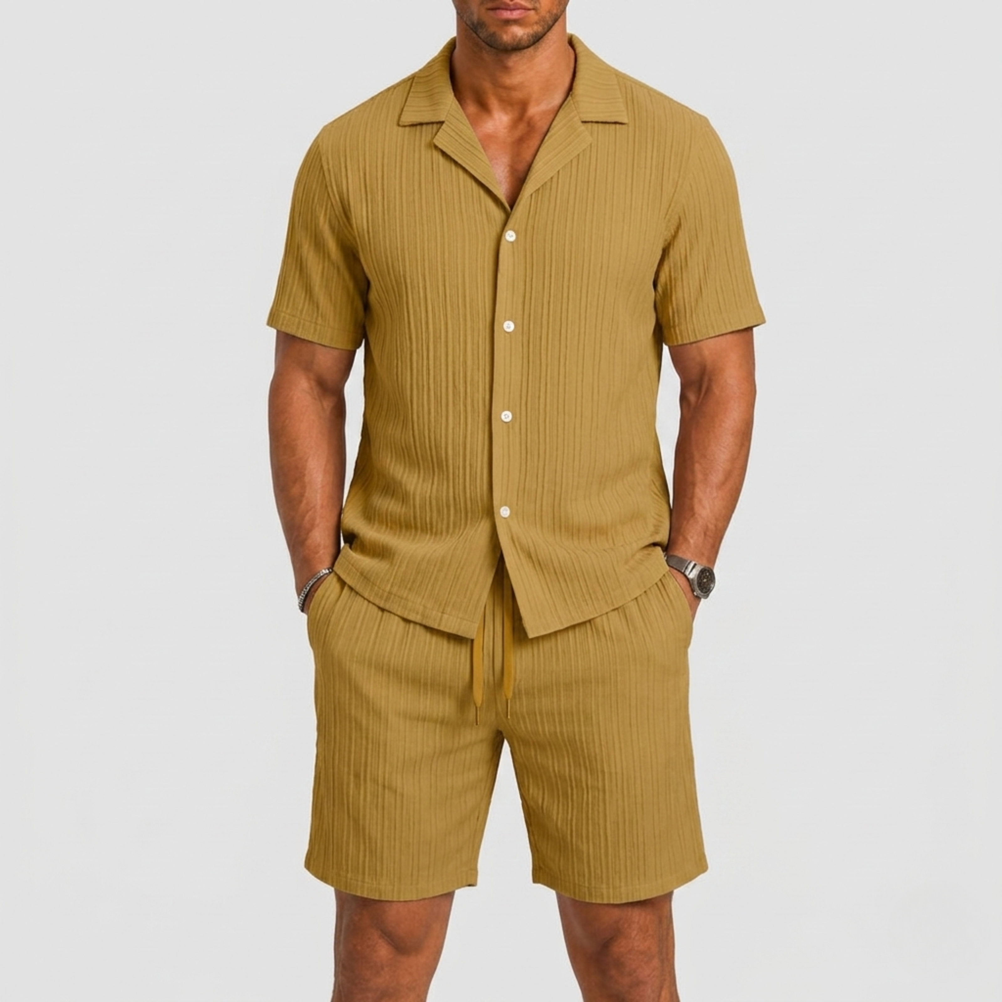 Completo estivo uomo in lino con maniche corte e pantaloni corti | Bella di Roma