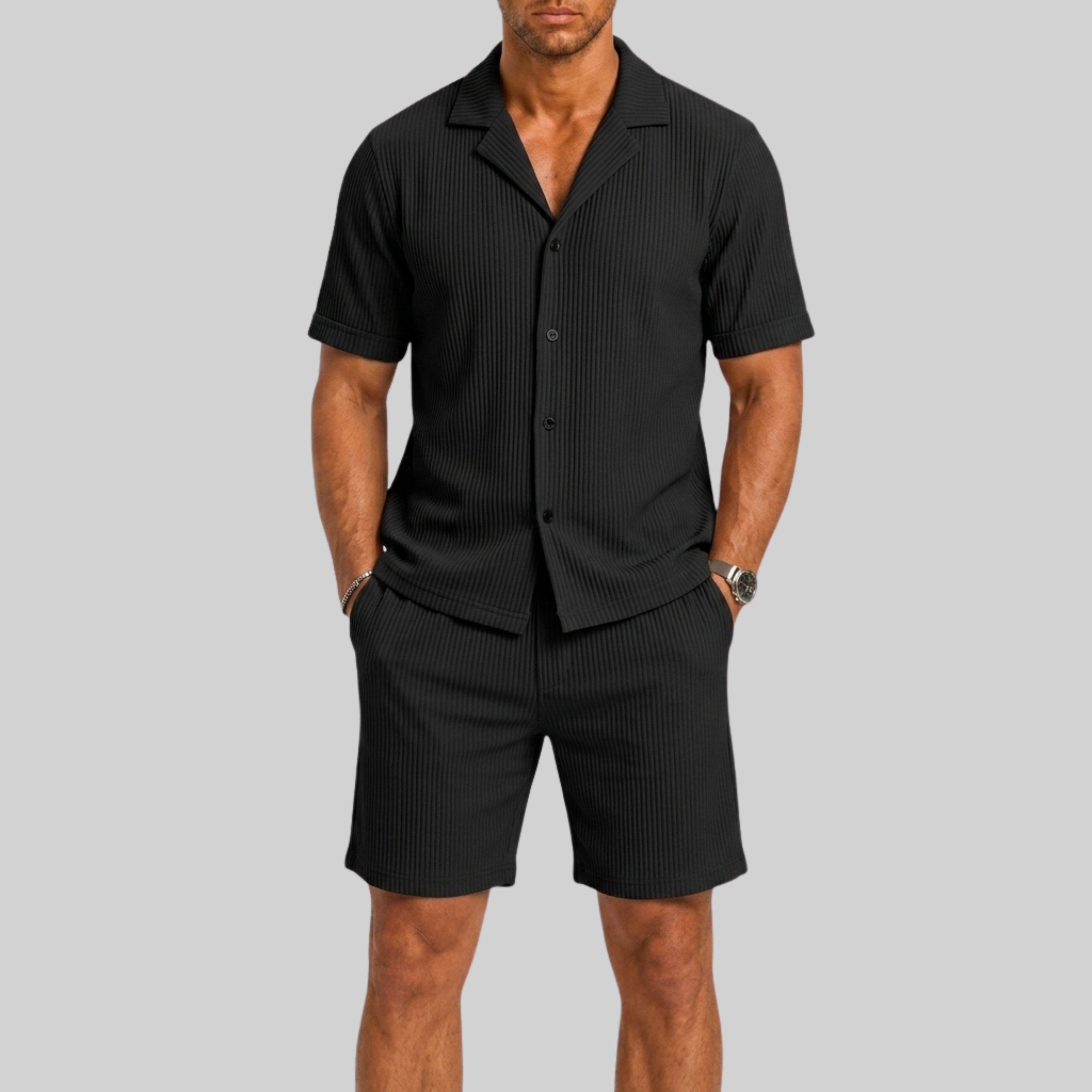 Set estivo uomo – dettaglio del tessuto leggero | Bella di Roma