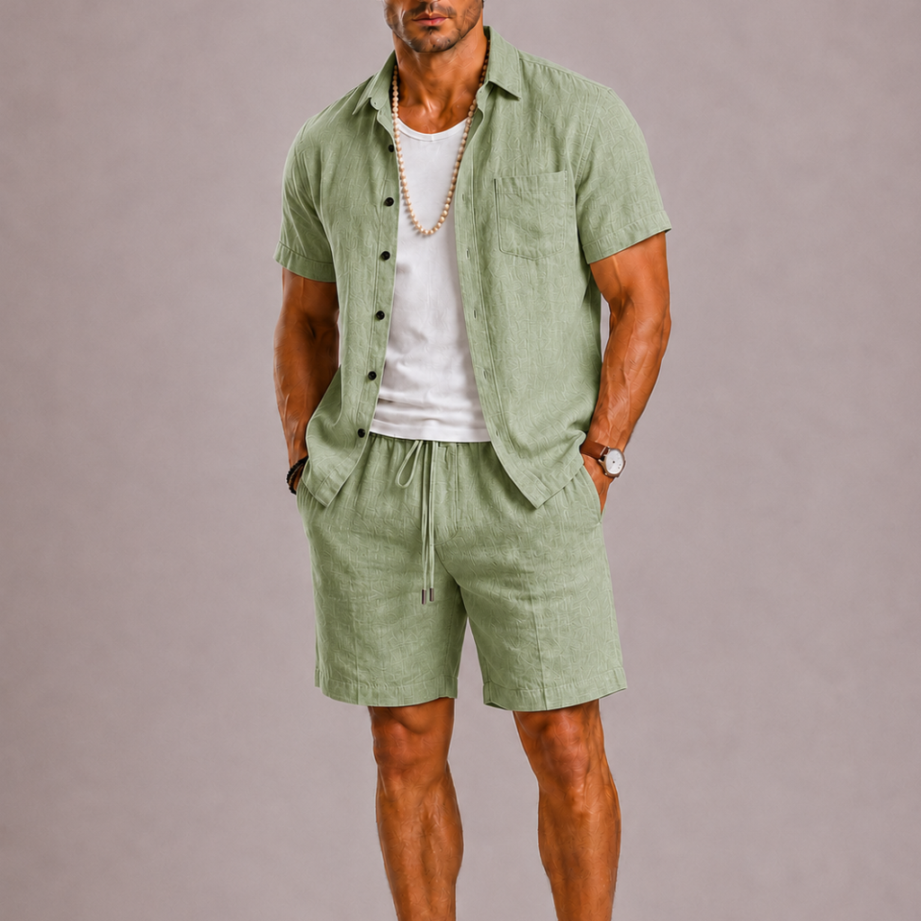 Set estivo uomo con pantaloni corti – dettaglio del cordino in vita | Bella di Roma