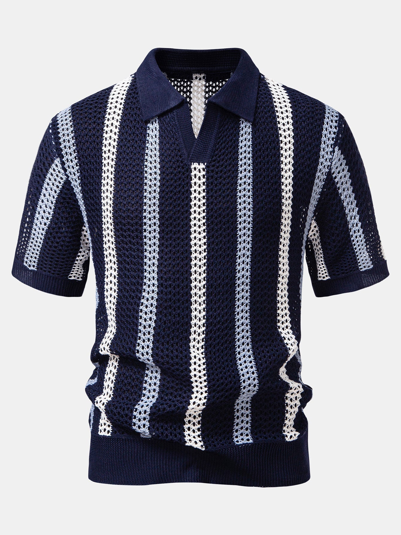 Polo da uomo all'uncinetto a righe con scollo a V