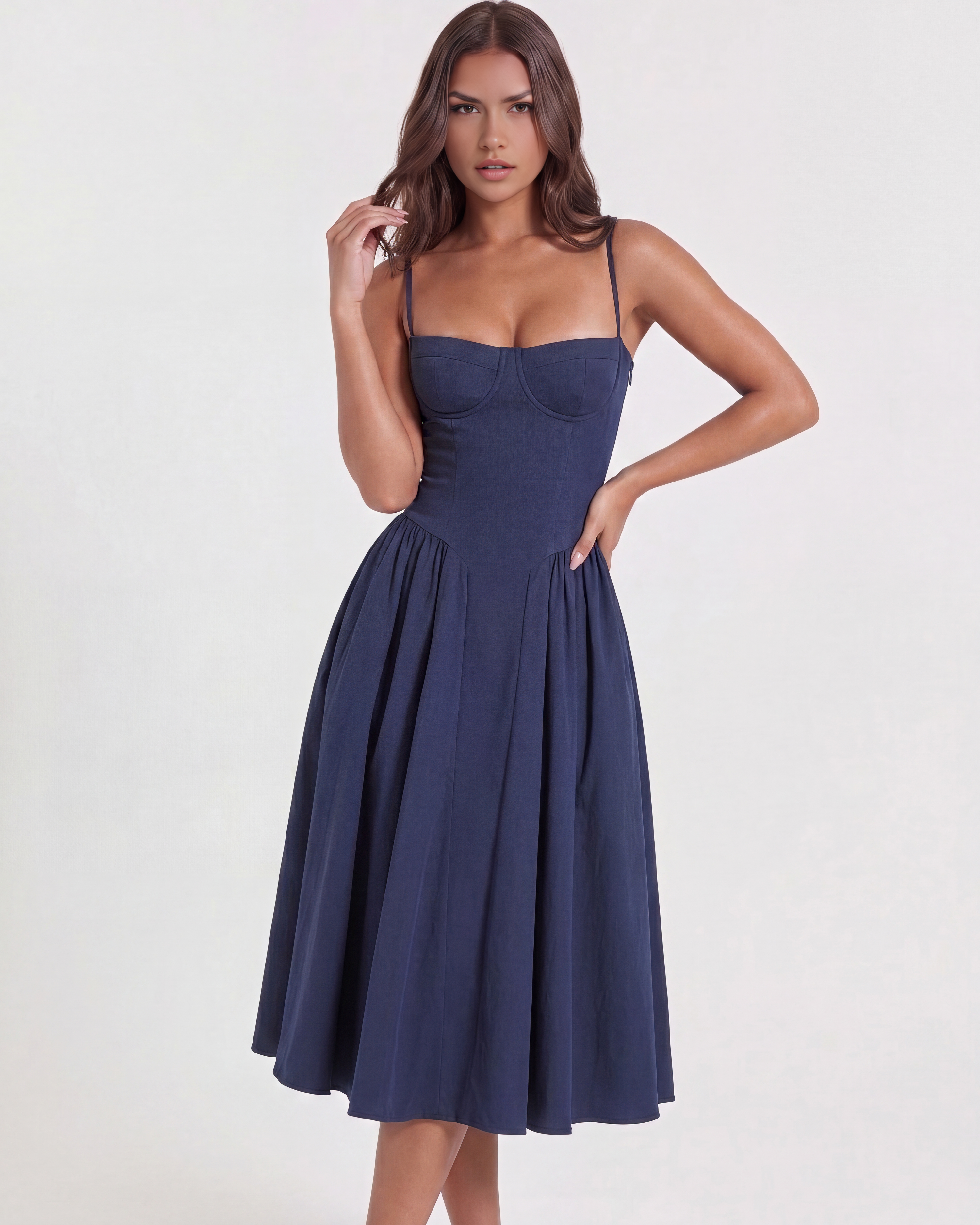 Abito midi Francesca twill blu navy Bella di Roma – tasche nascoste
