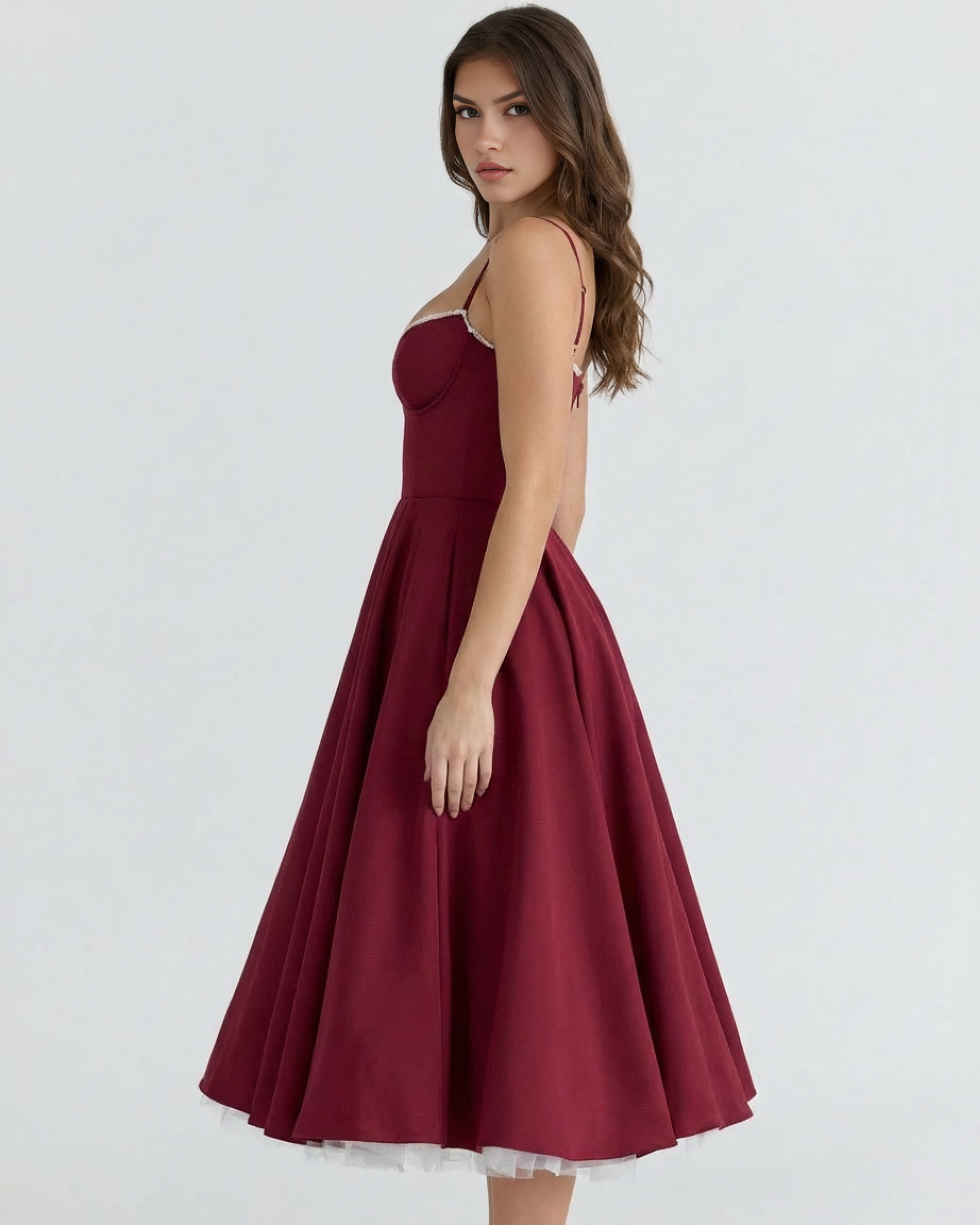 Abito midi Selene bordeaux Bella di Roma – look matrimonio romantico