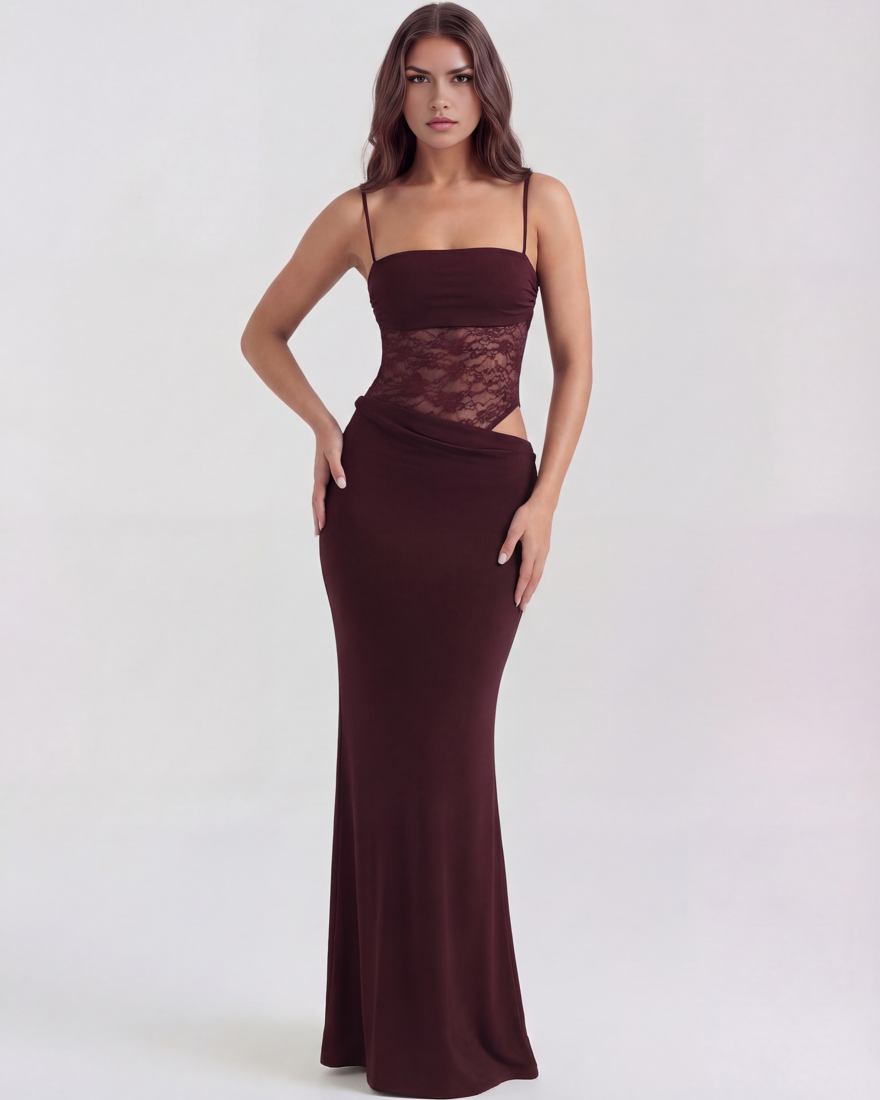 Abito maxi Valeria pizzo bordeaux Bella di Roma – vista frontale