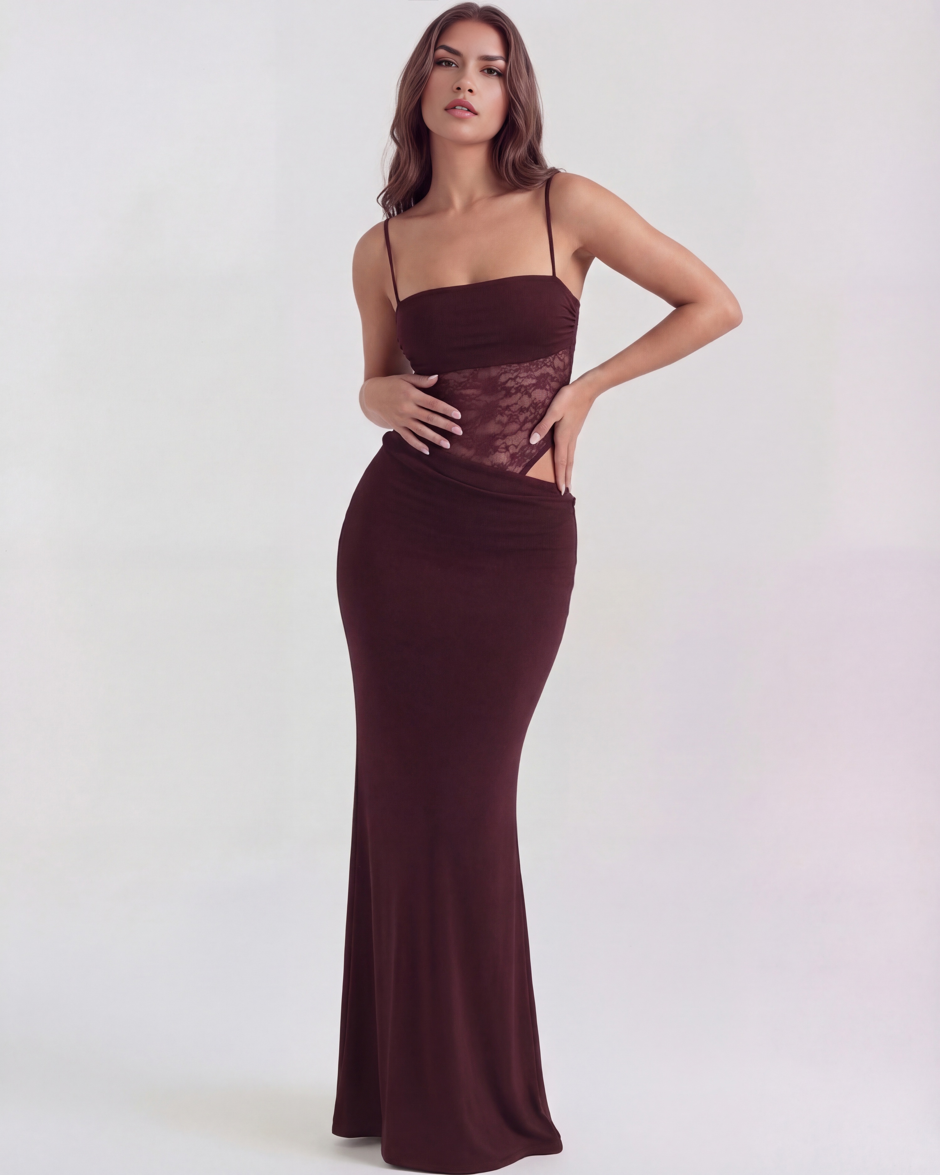 Abito maxi Valeria pizzo bordeaux Bella di Roma – scollo quadrato