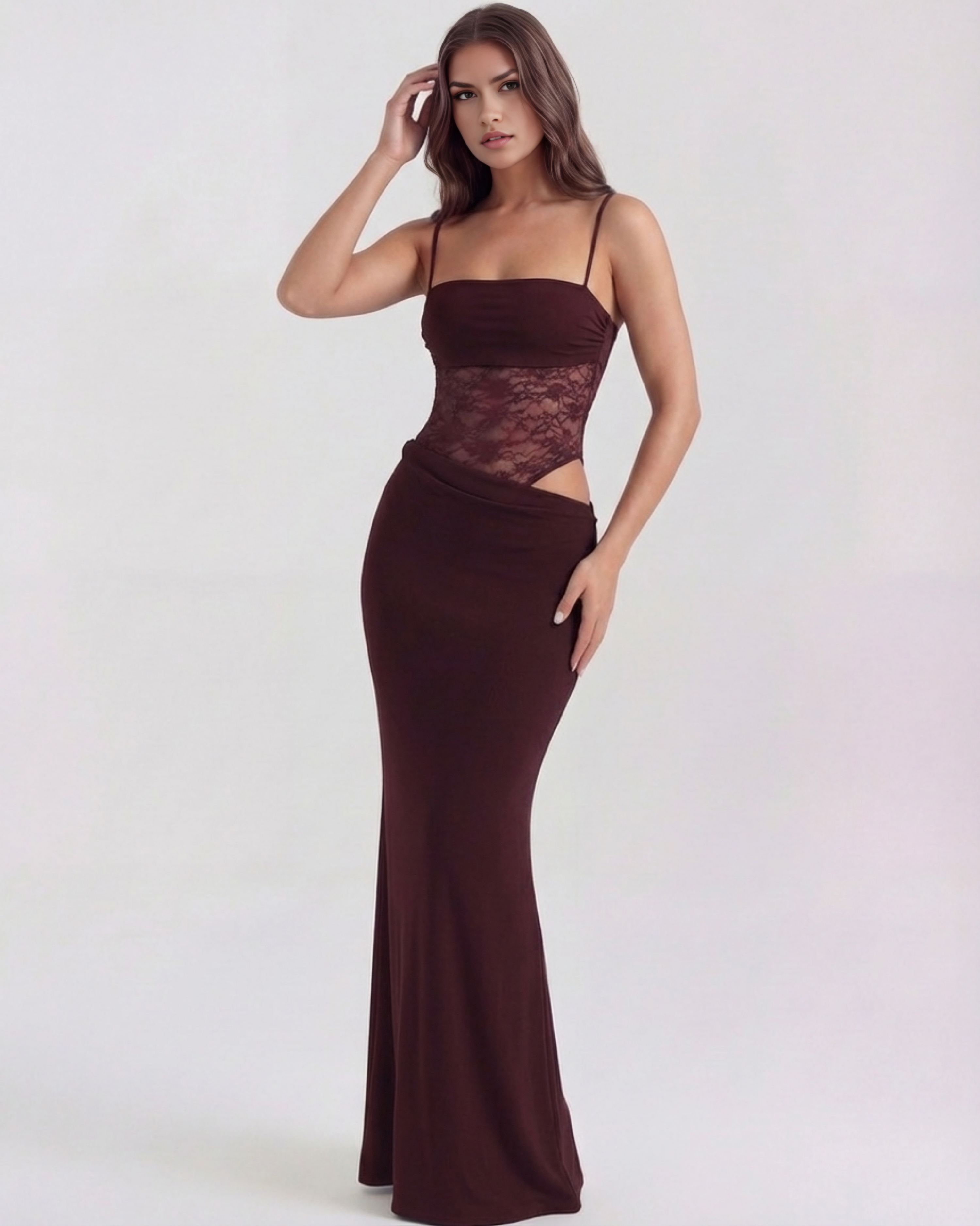 Abito maxi Valeria bordeaux pizzo Bella di Roma – silhouette regale