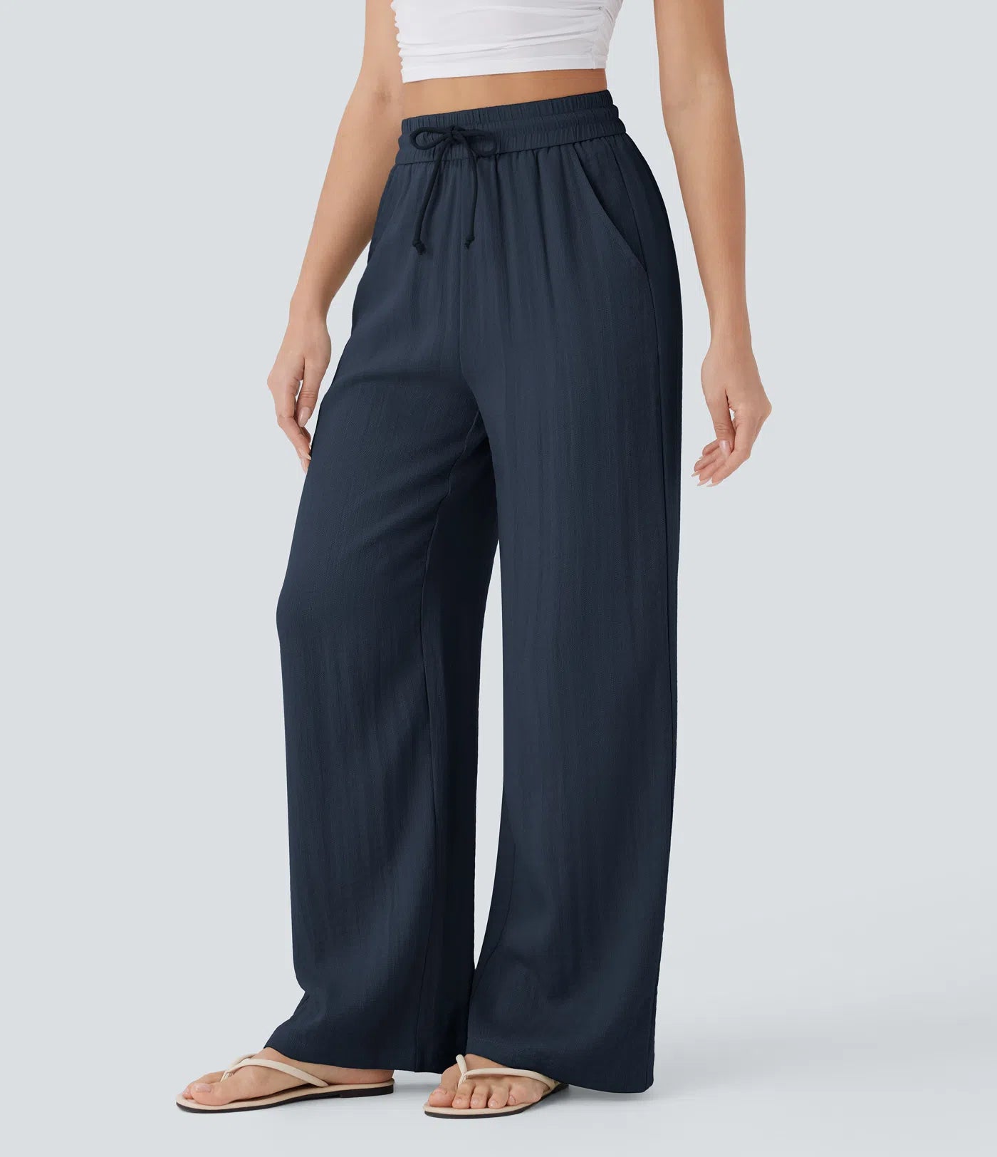 Pantaloni Baggy Casual in Lino Bella di Roma – blu navy laterale