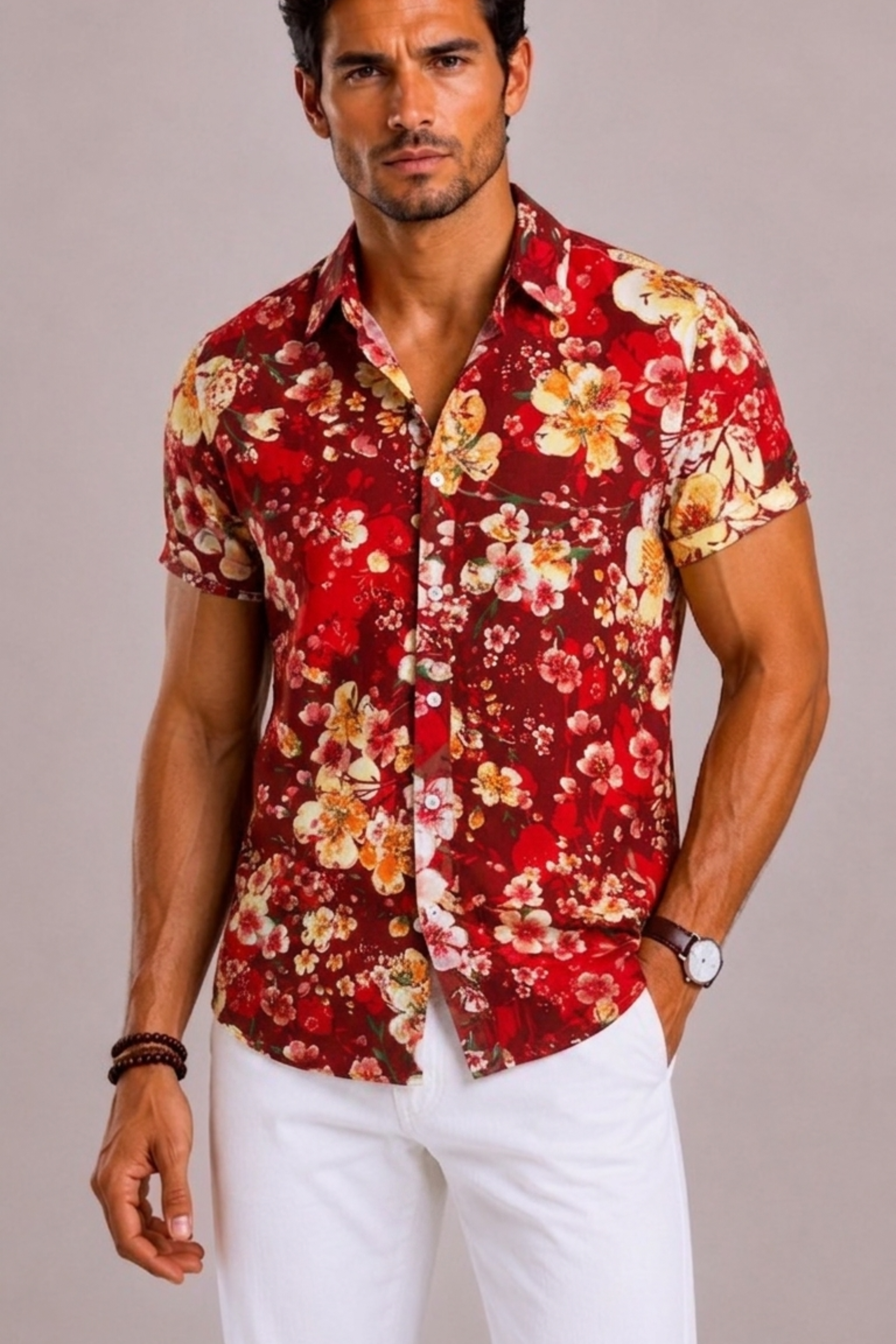 Camicia Uomo con Stampa Floreale Tropicale a Maniche Corte | Bella di Roma
