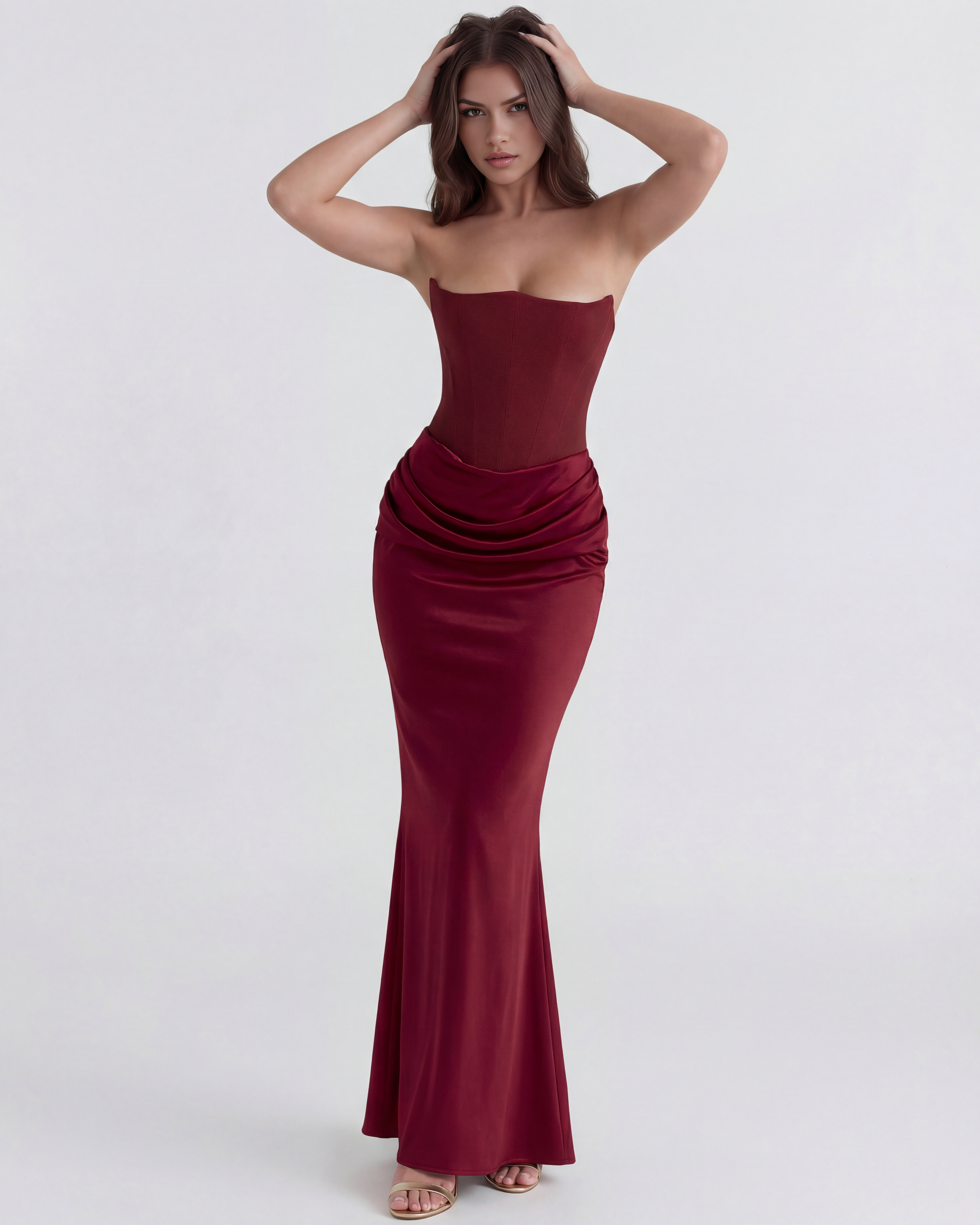 Abito maxi Rosalind corsetto borgogna Bella di Roma – silhouette scultorea