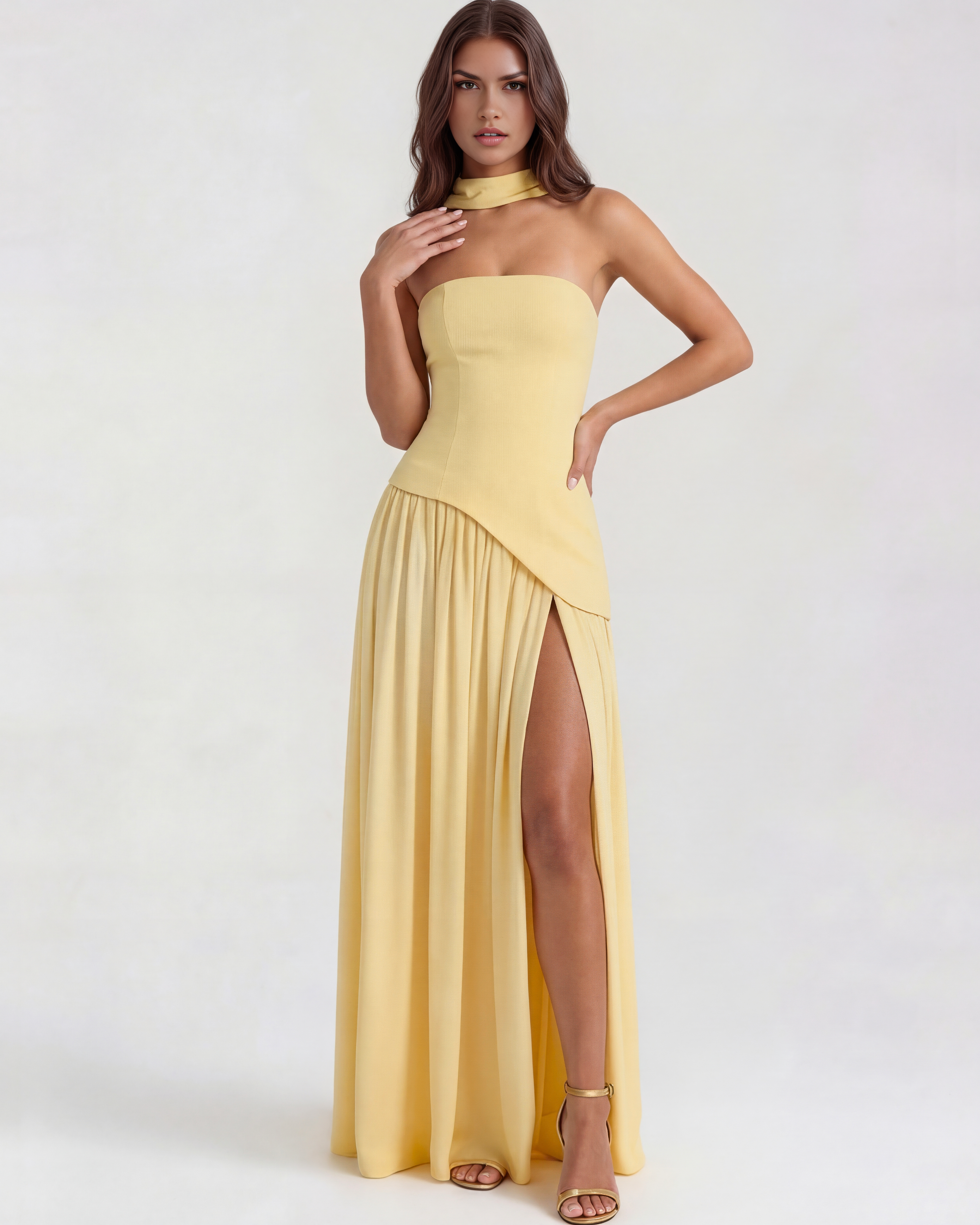 Abito maxi Serena giallo burro Bella di Roma – foulard incluso