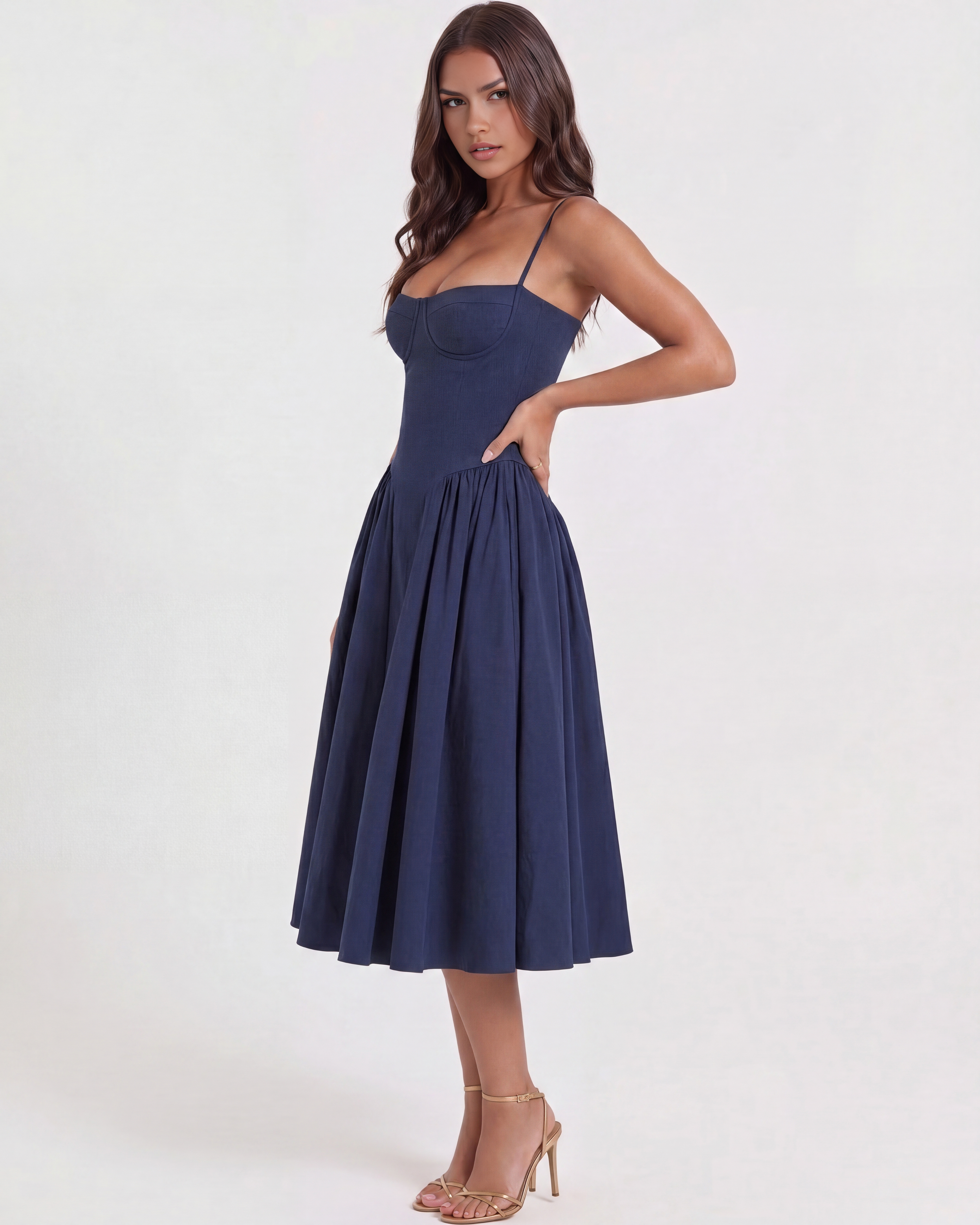 Abito midi Francesca twill blu navy Bella di Roma – silhouette elegante