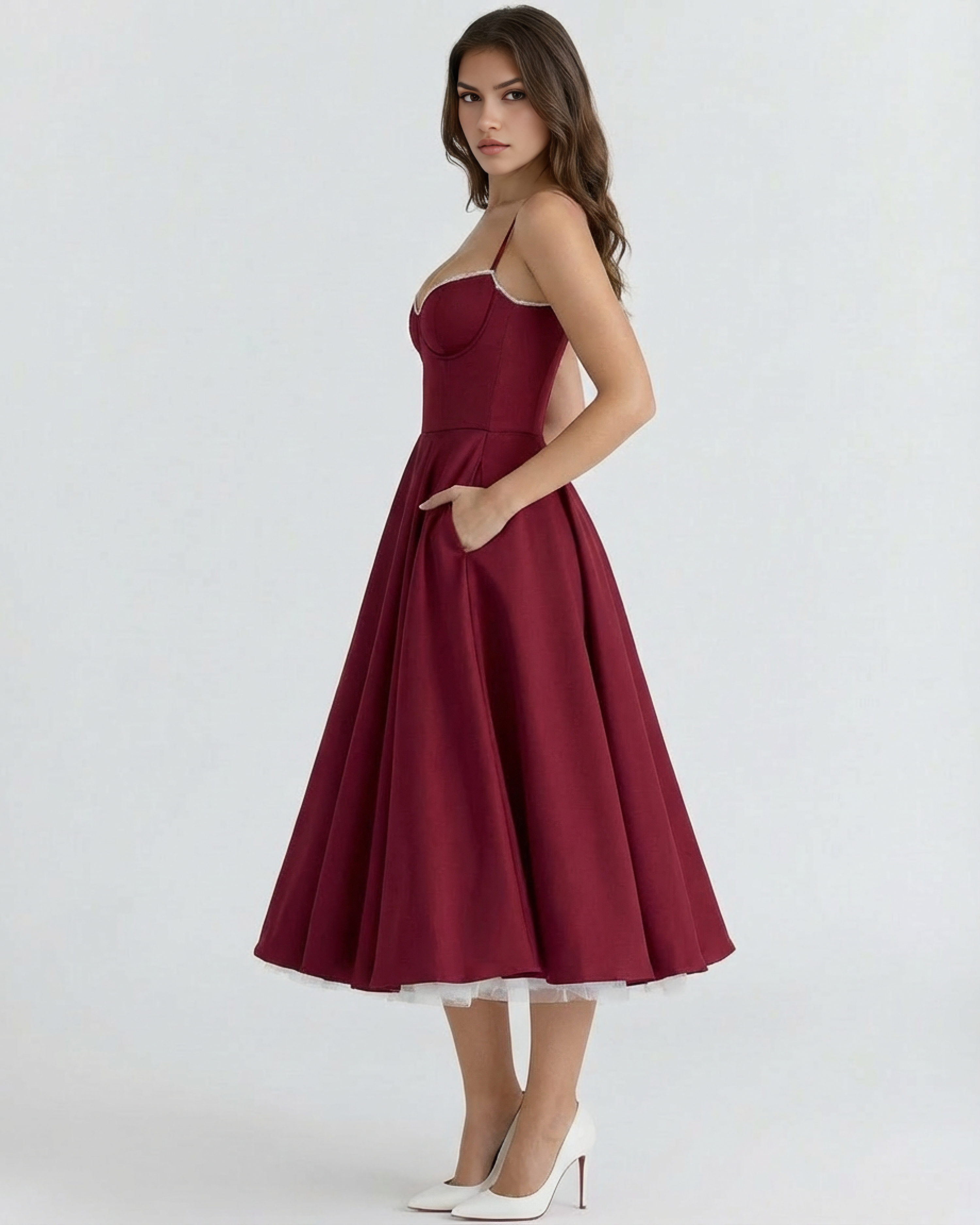 Abito midi Selene bordeaux Bella di Roma – vista laterale tulle