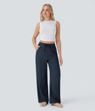 Pantaloni Baggy Casual in Lino Bella di Roma – blu navy vista frontale