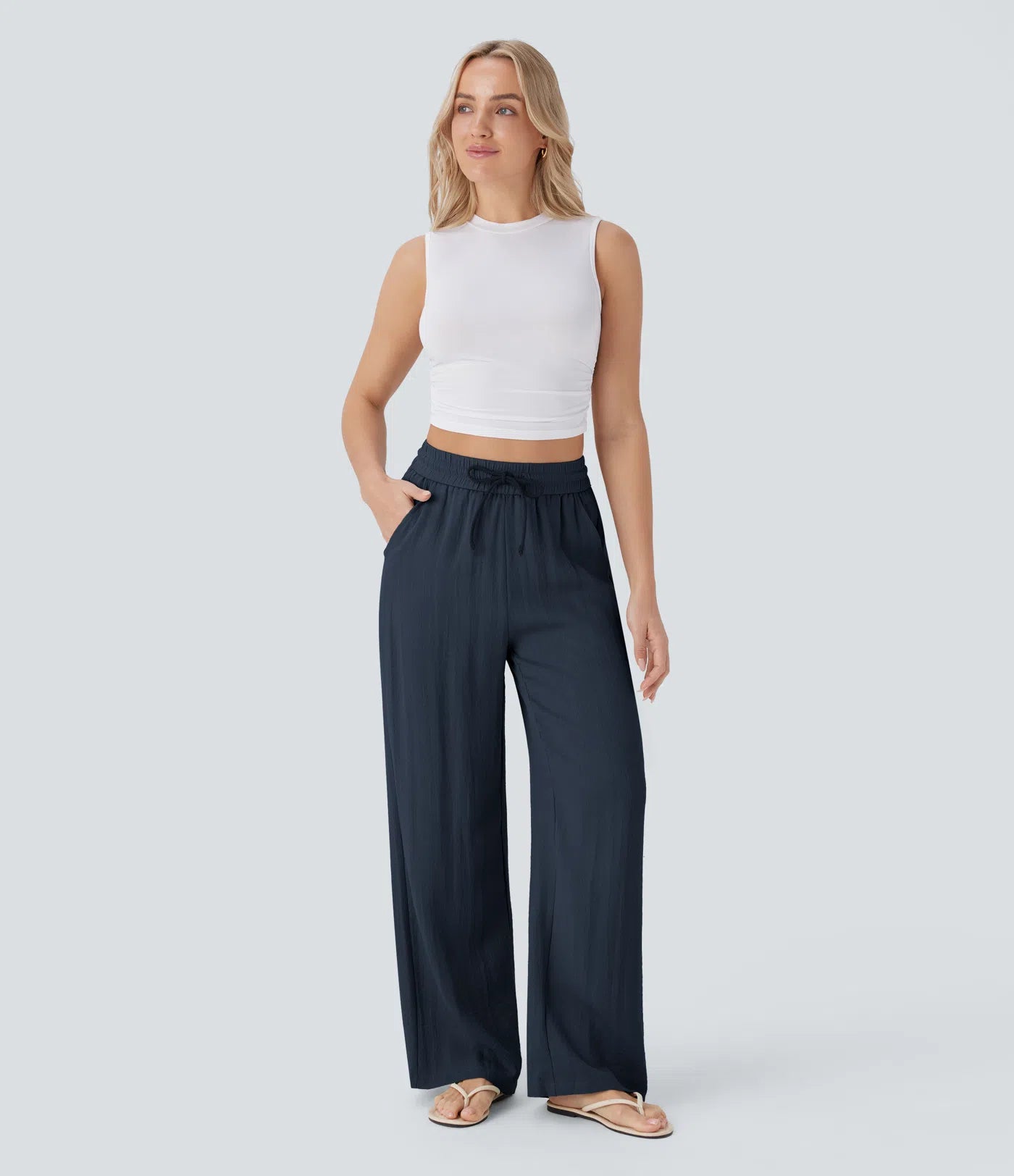 Pantaloni Baggy Casual in Lino Bella di Roma – blu navy vista frontale