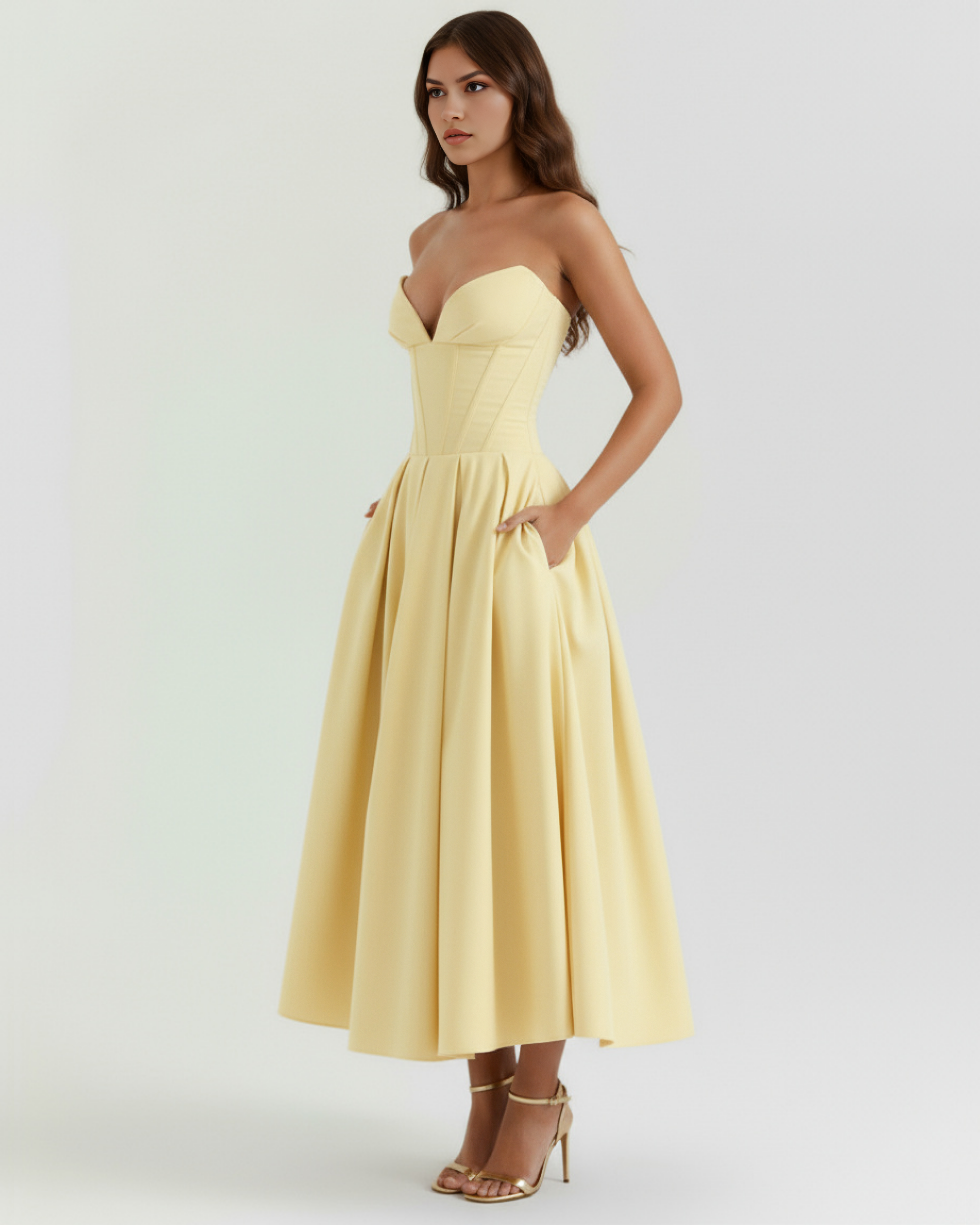 Abito midi Amalfi giallo chiaro corsetto Bella di Roma – taglie XS-XL
