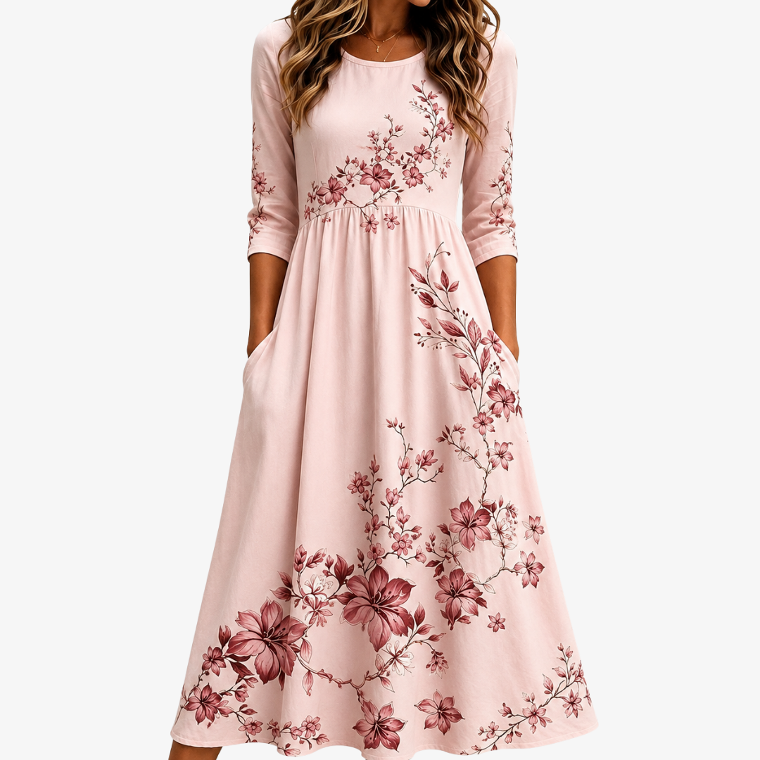 Abito midi con stampa a rose e fogliame e tasche laterali