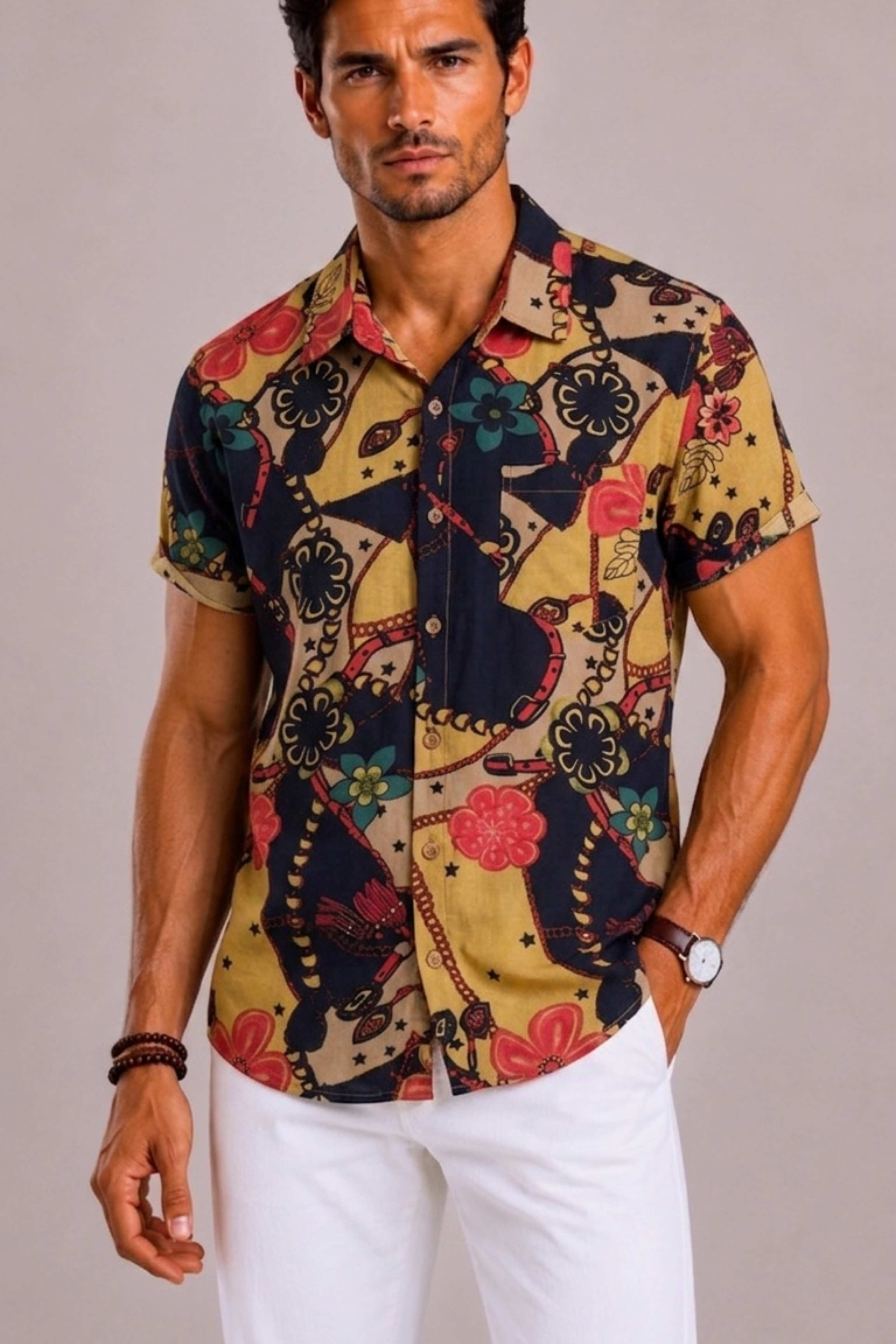 Camicia Uomo con Stampa Floreale Tropicale a Maniche Corte | Bella di Roma